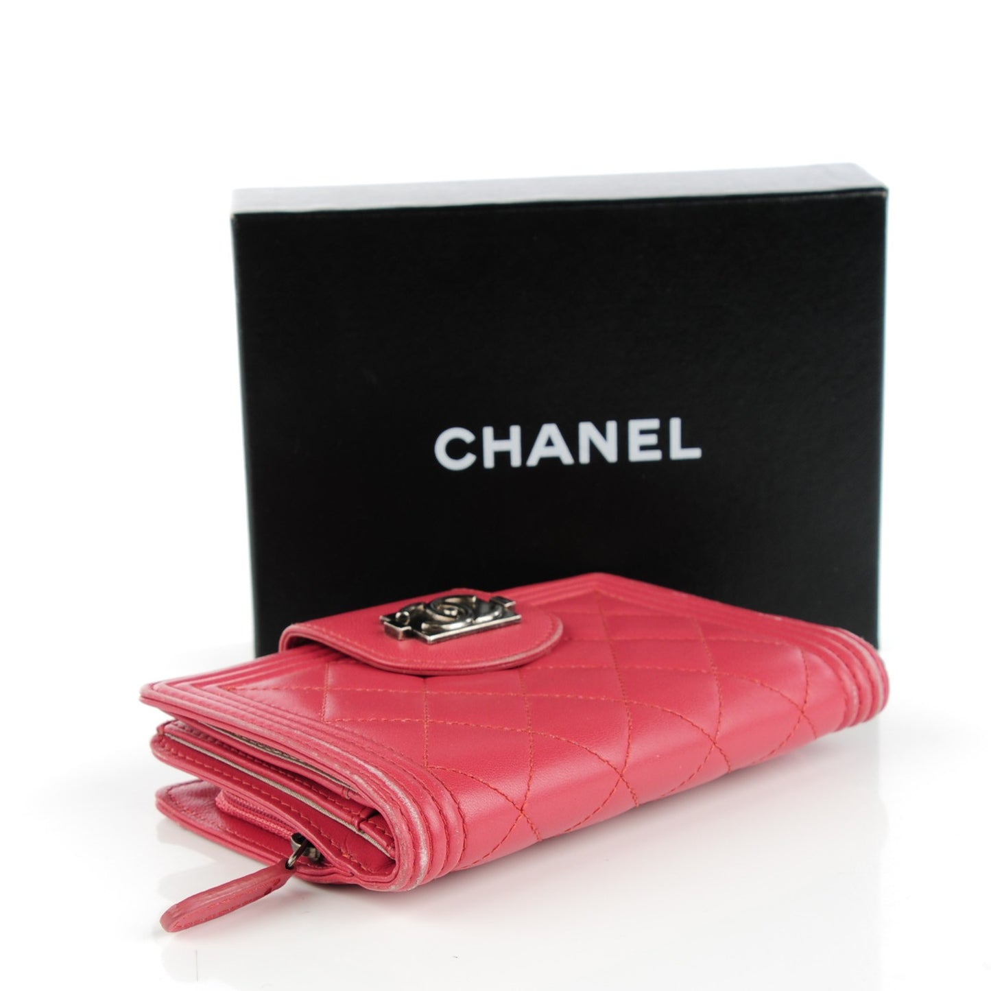 Lambskin Quilted Boy Large Zip Pocket Wallet Pink