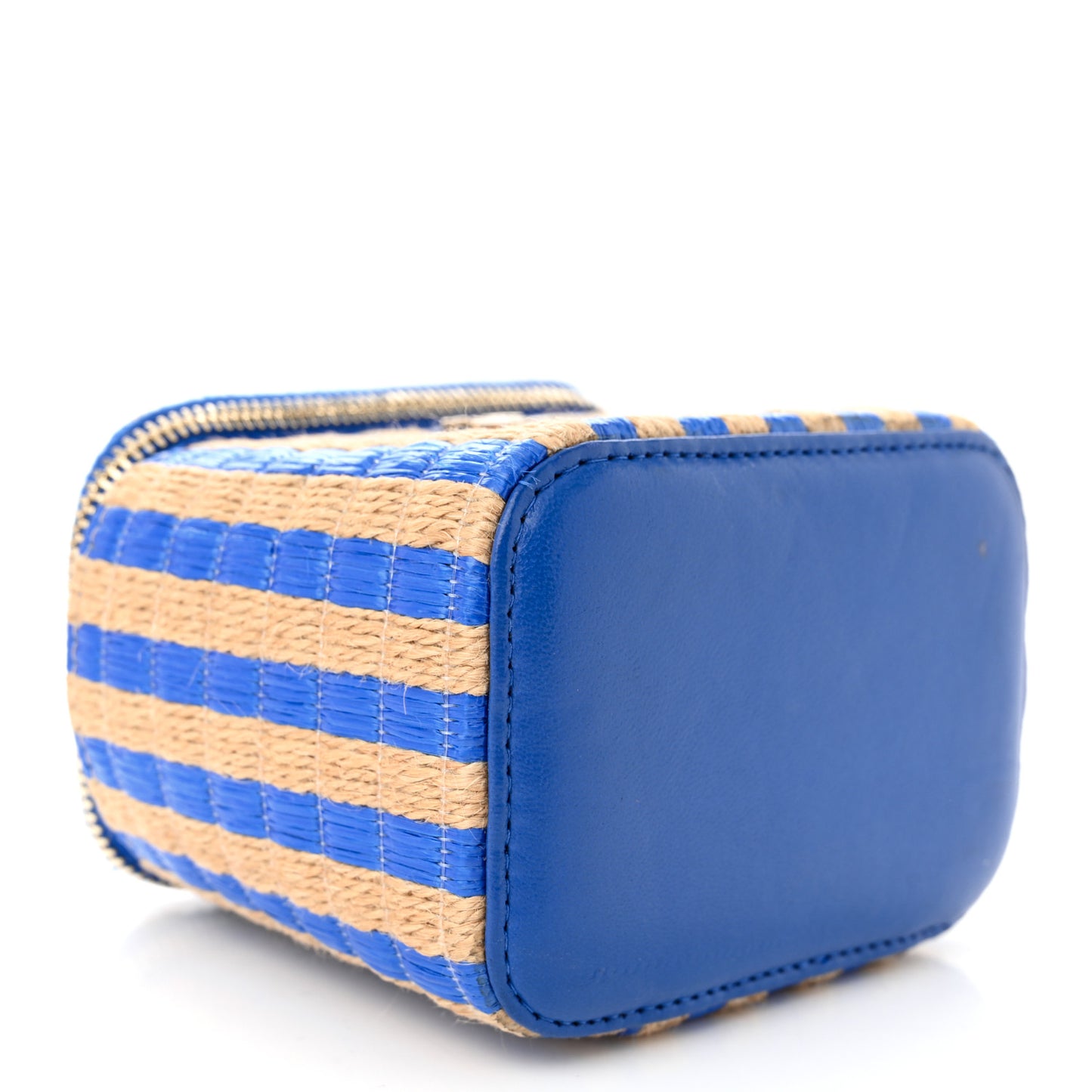 Raffia Jute Striped Mini Vanity Case With Chain Blue Beige