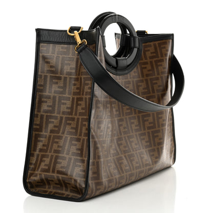 Fendi Glazed Fabric Vitello Century Plexiglass FF 1974 Stamp Patch Medium Runaway Shopper Tote Mogano Panna Black 3 of 15
