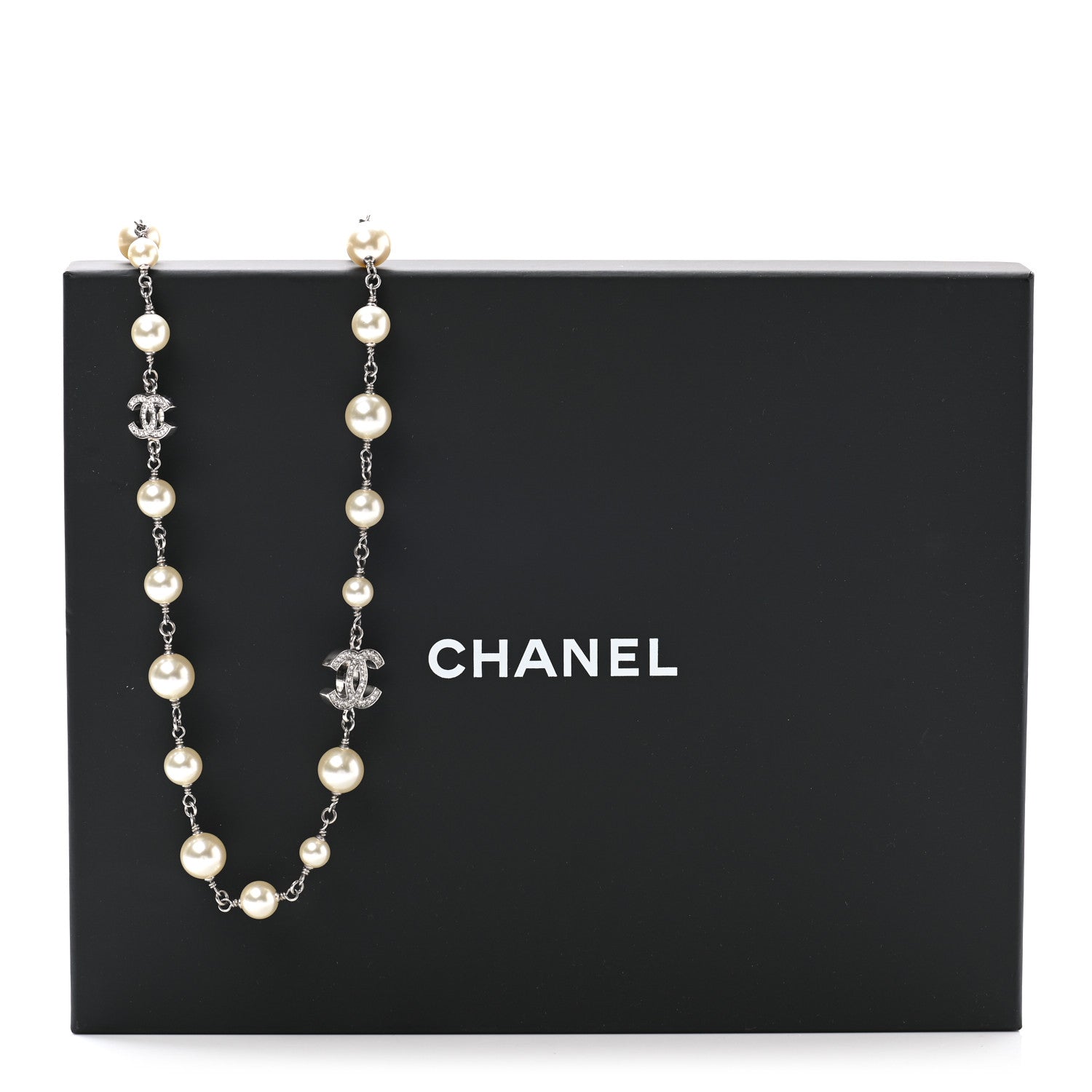 Chanel Graduated Pearl Crystal CC Long Necklace Silver 7 of 7