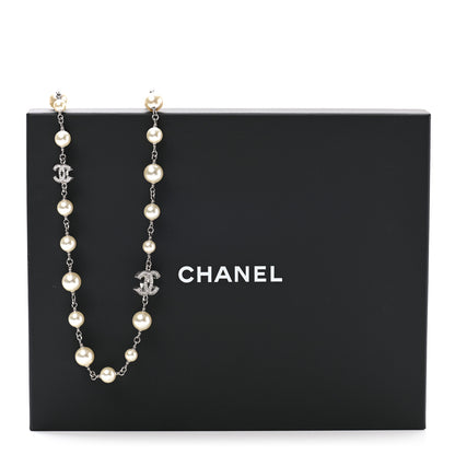 Chanel Graduated Pearl Crystal CC Long Necklace Silver 7 of 7