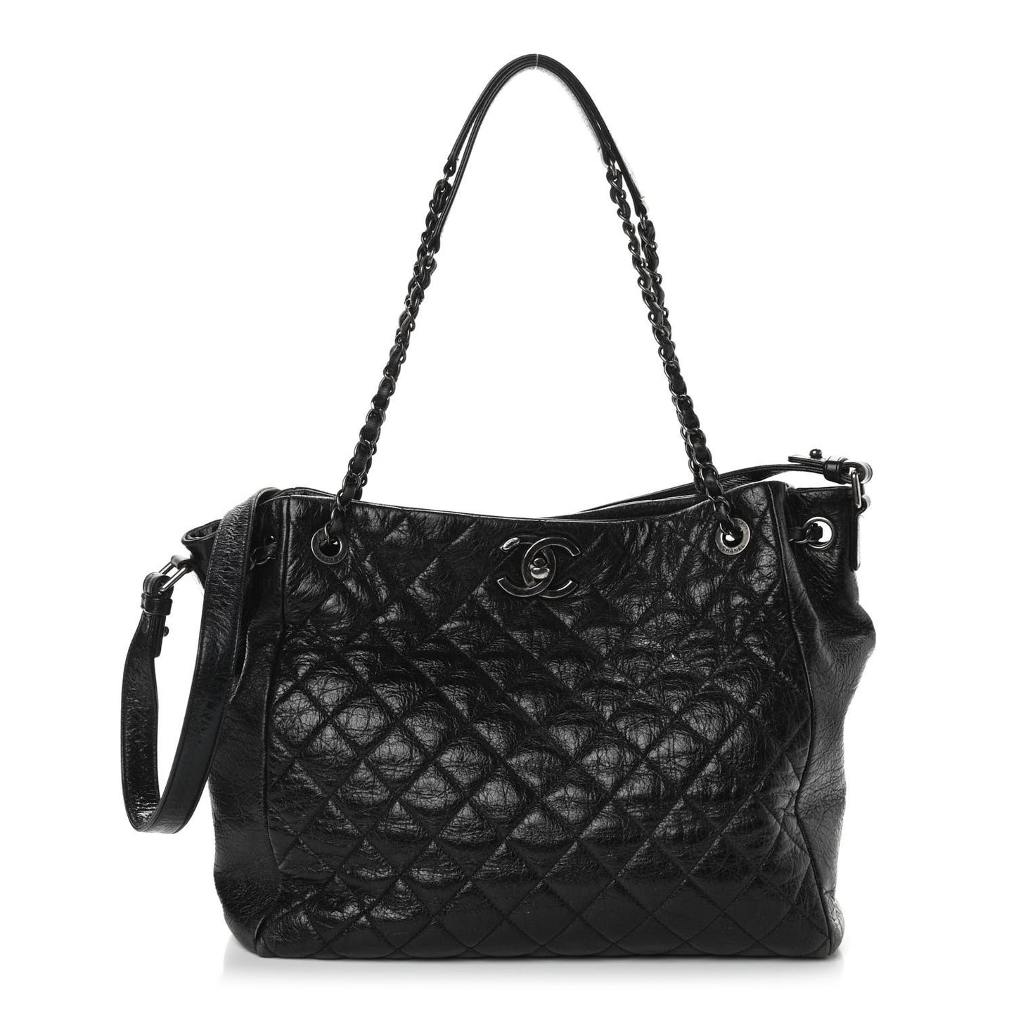 Glazed Calfskin Quilted Large Tote Black