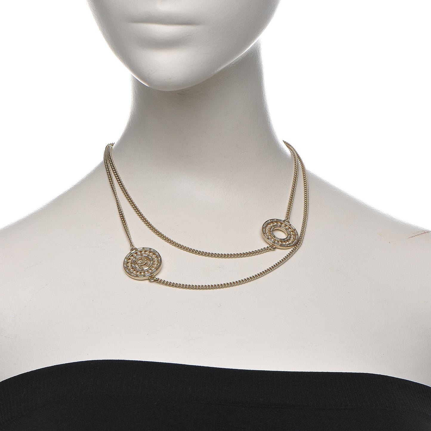 Crystal Baguette Pearl CC Chain Necklace Gold