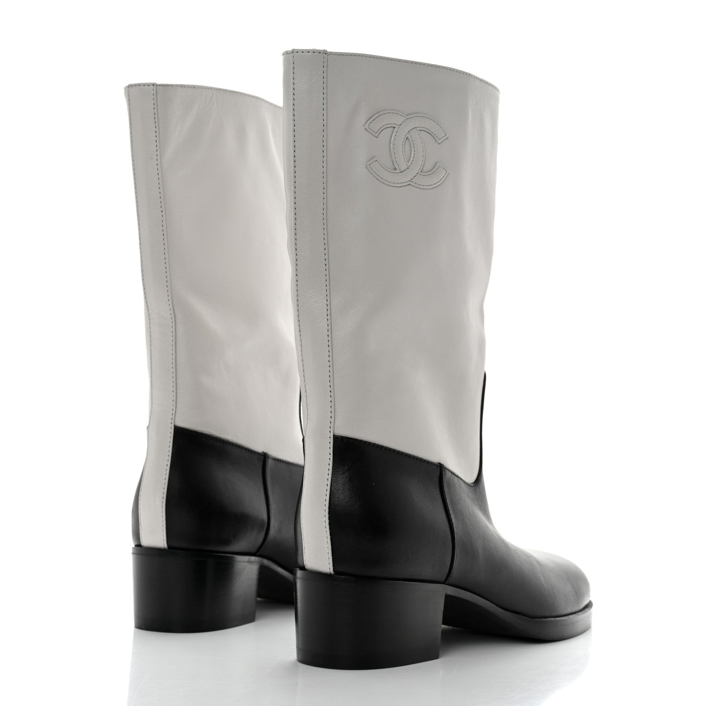 Calfskin CC Logo Mid Calf Boots 36.5 Grey Black