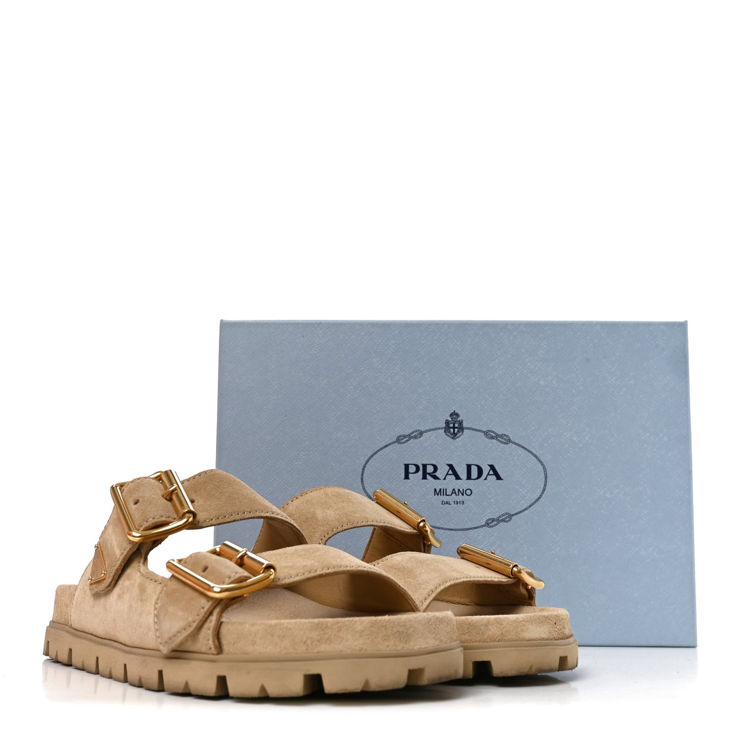 Suede Metal Triangle Logo Womens Double Buckle 20mm Slide Sandals 39 Ecru