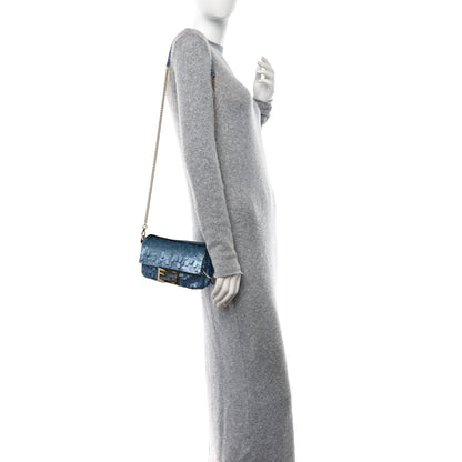 Fendi Denim Effect Sequin Paillettes Shiny Nappa Sex and the City Mini Baguette Blue 2 of 10