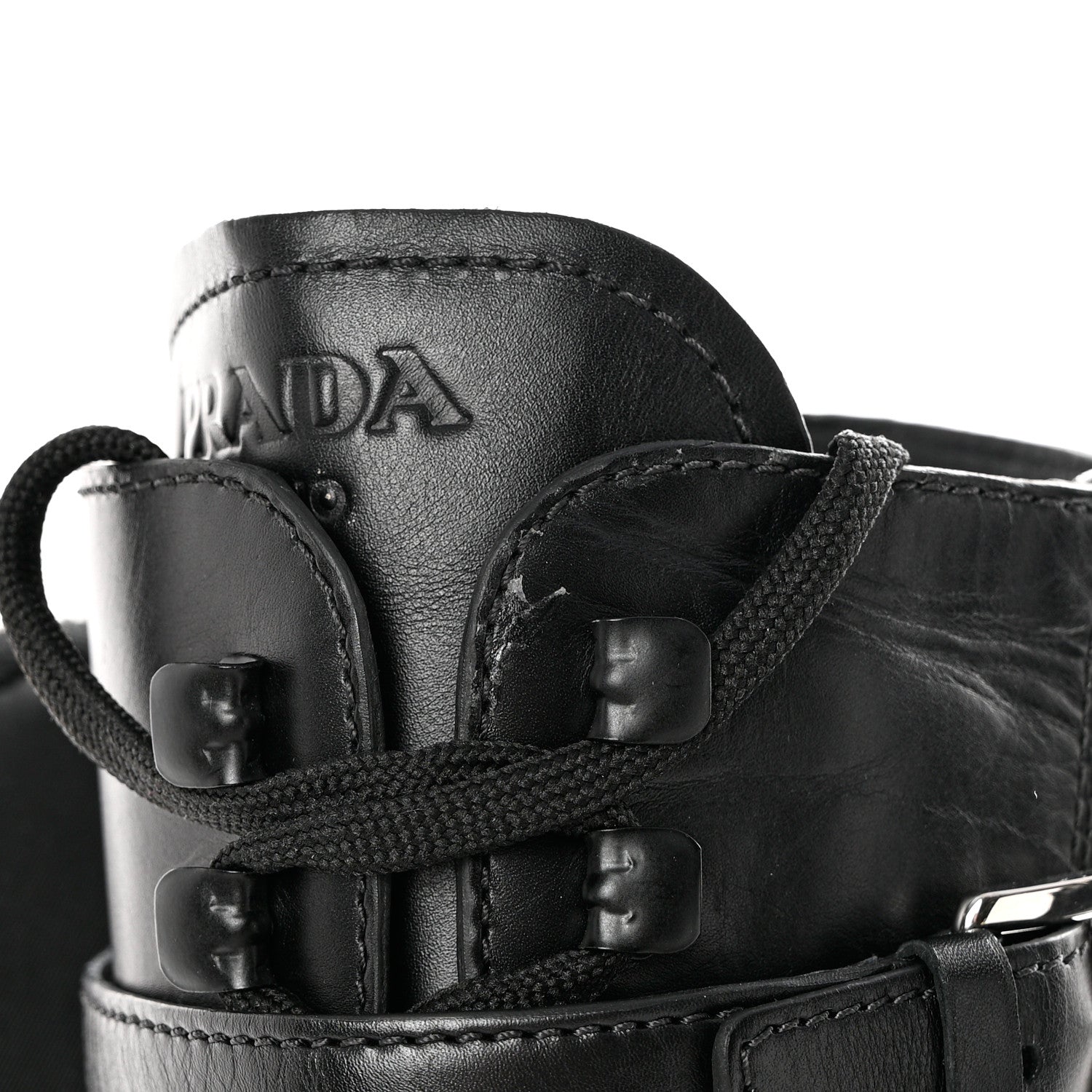 Prada Vitello Lux Nylon Metal Triangle Logo Monolith Pouch Pocket 55mm Tall Combat Boots 36 Black 11 of 13