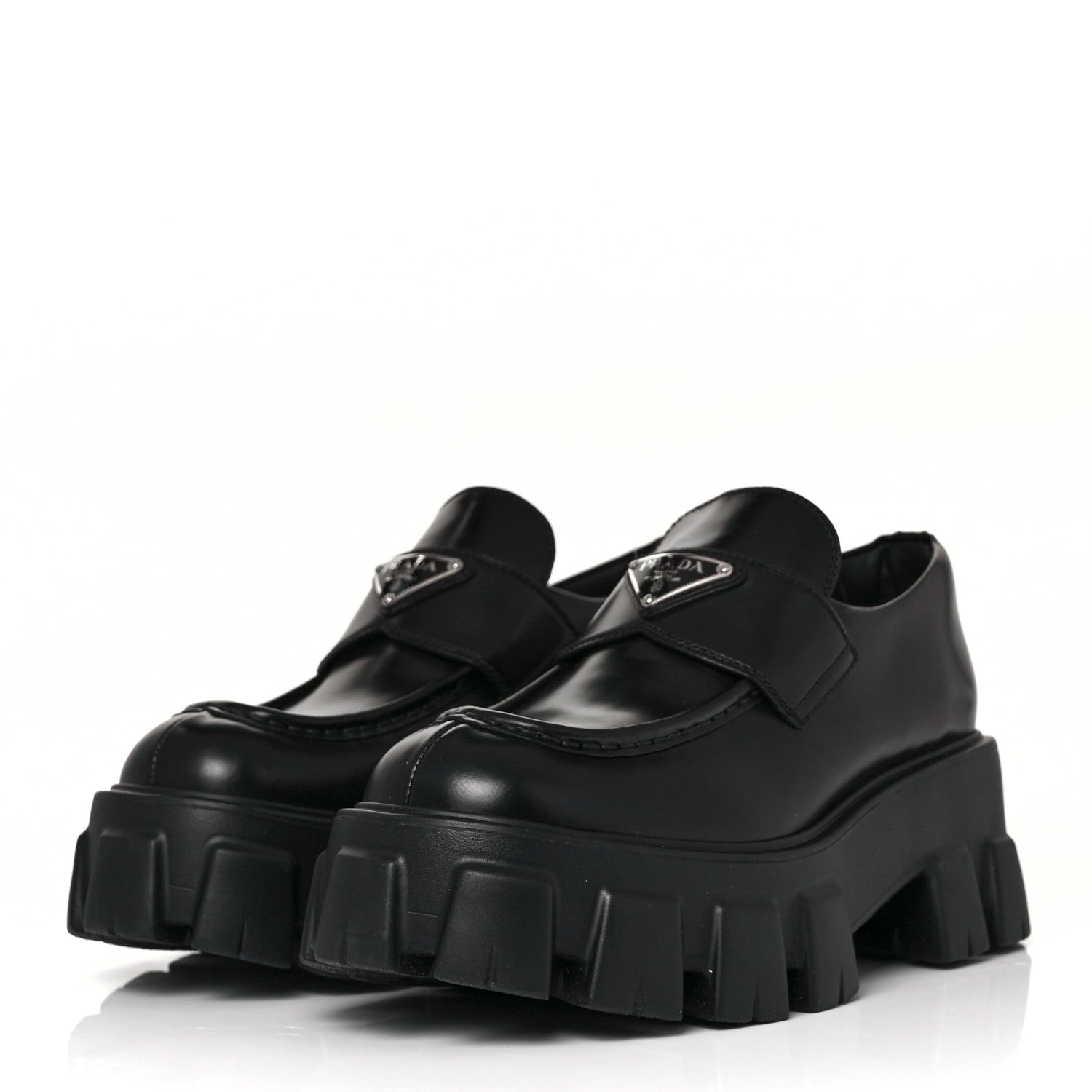 Prada Spazzolato Rois Metal Triangle Logo Monolith 55mm Loafers 38 Black 3 of 10