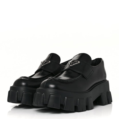 Prada Spazzolato Rois Metal Triangle Logo Monolith 55mm Loafers 38 Black 3 of 10