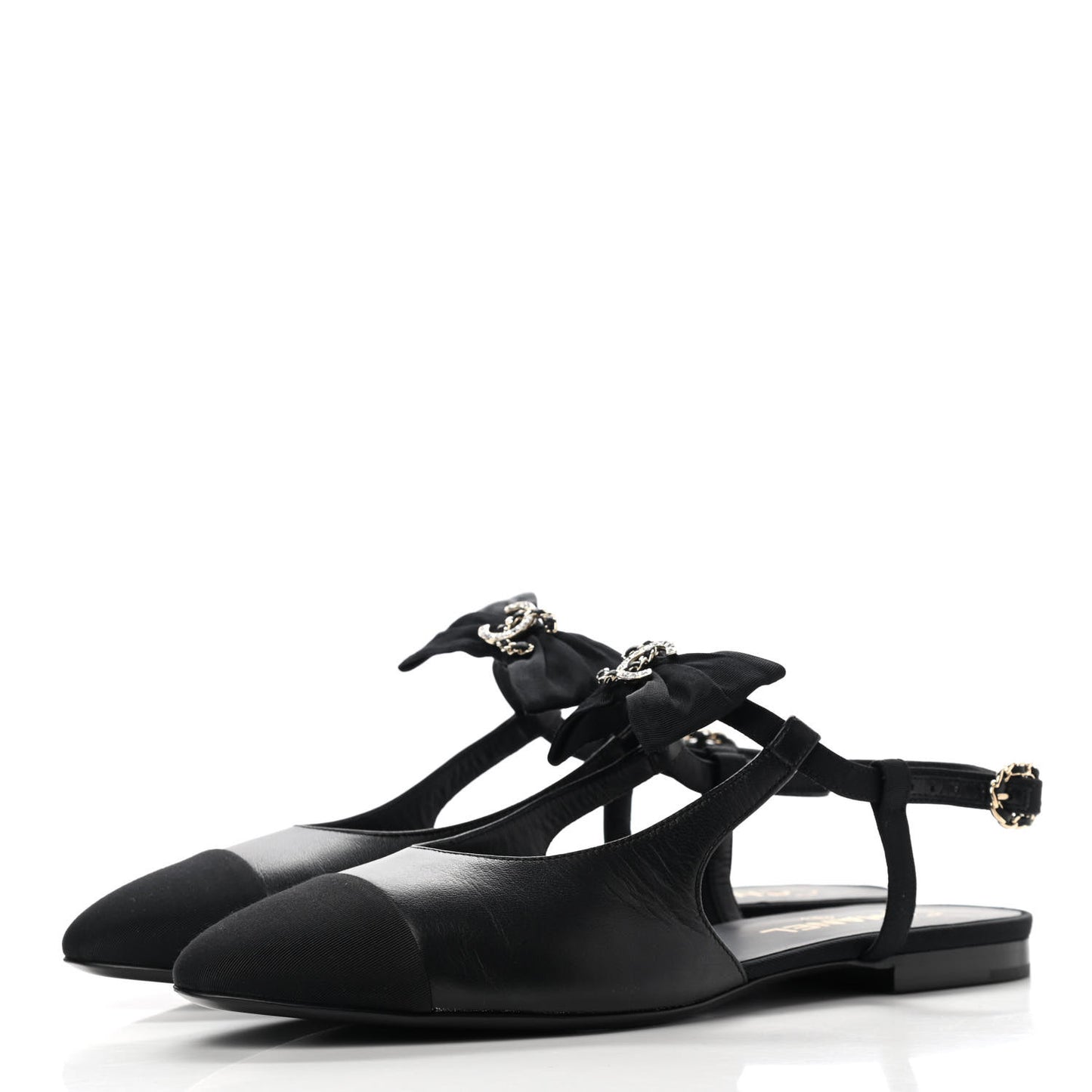 Lambskin Grosgrain Crystal Chain CC Logo Bow Slingback Flats 40.5 Black