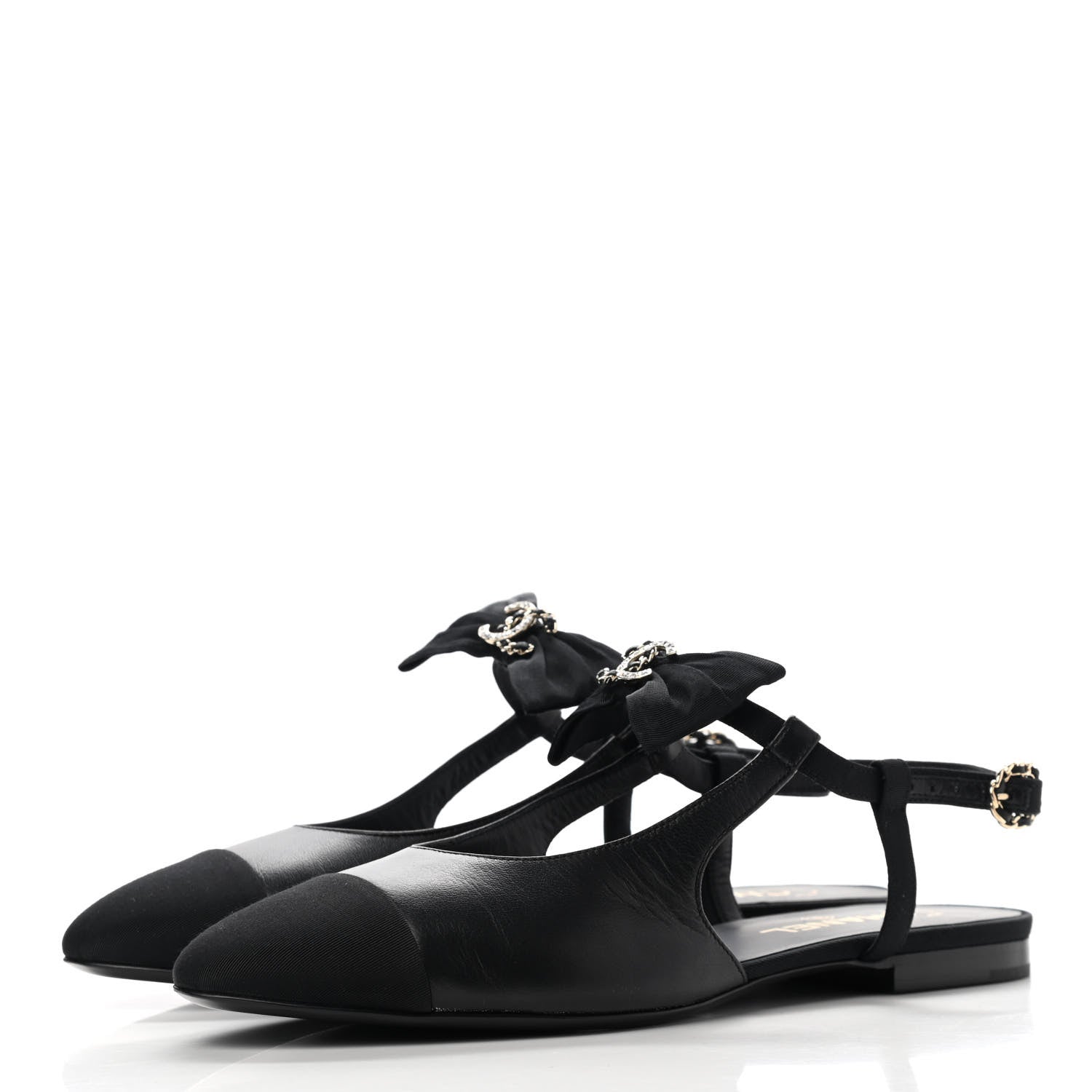 Chanel Lambskin Grosgrain Crystal Chain CC Logo Bow Slingback Flats 40.5 Black 3 of 10