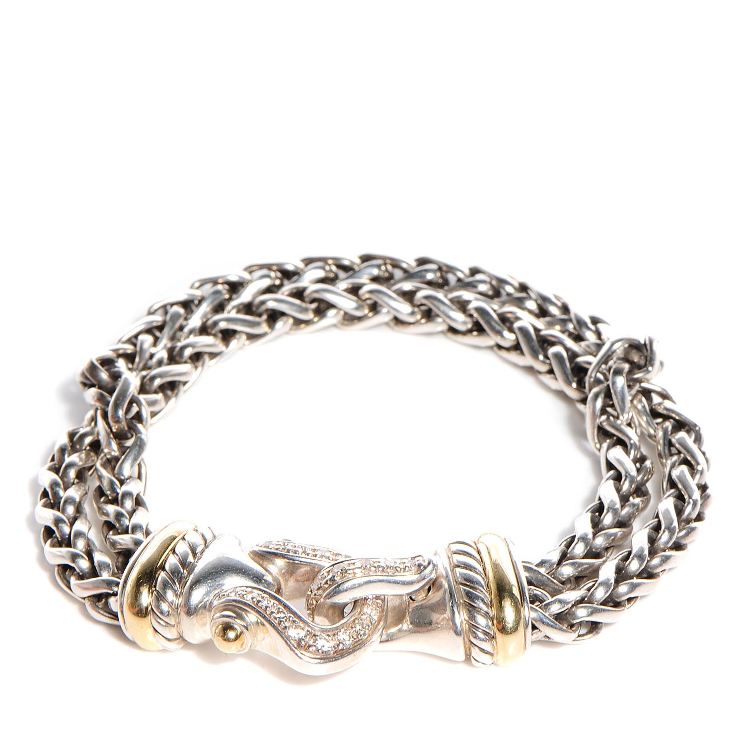 David Yurman Sterling Silver 18K Gold Diamond Double Wheat Buckle Bracelet 1 of 5