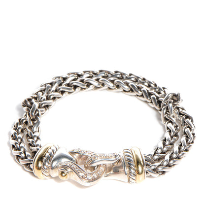 David Yurman Sterling Silver 18K Gold Diamond Double Wheat Buckle Bracelet 1 of 5