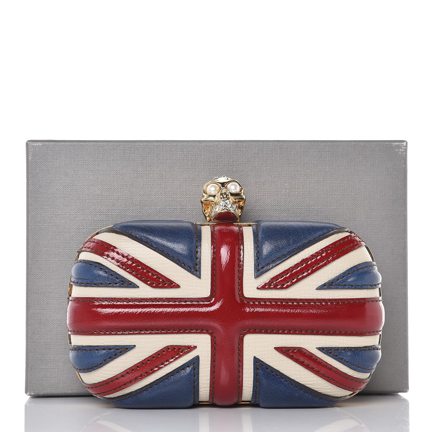 Alexander McQueen Patent Calfskin Britannia Skull Box Clutch Red Blue 8 of 8