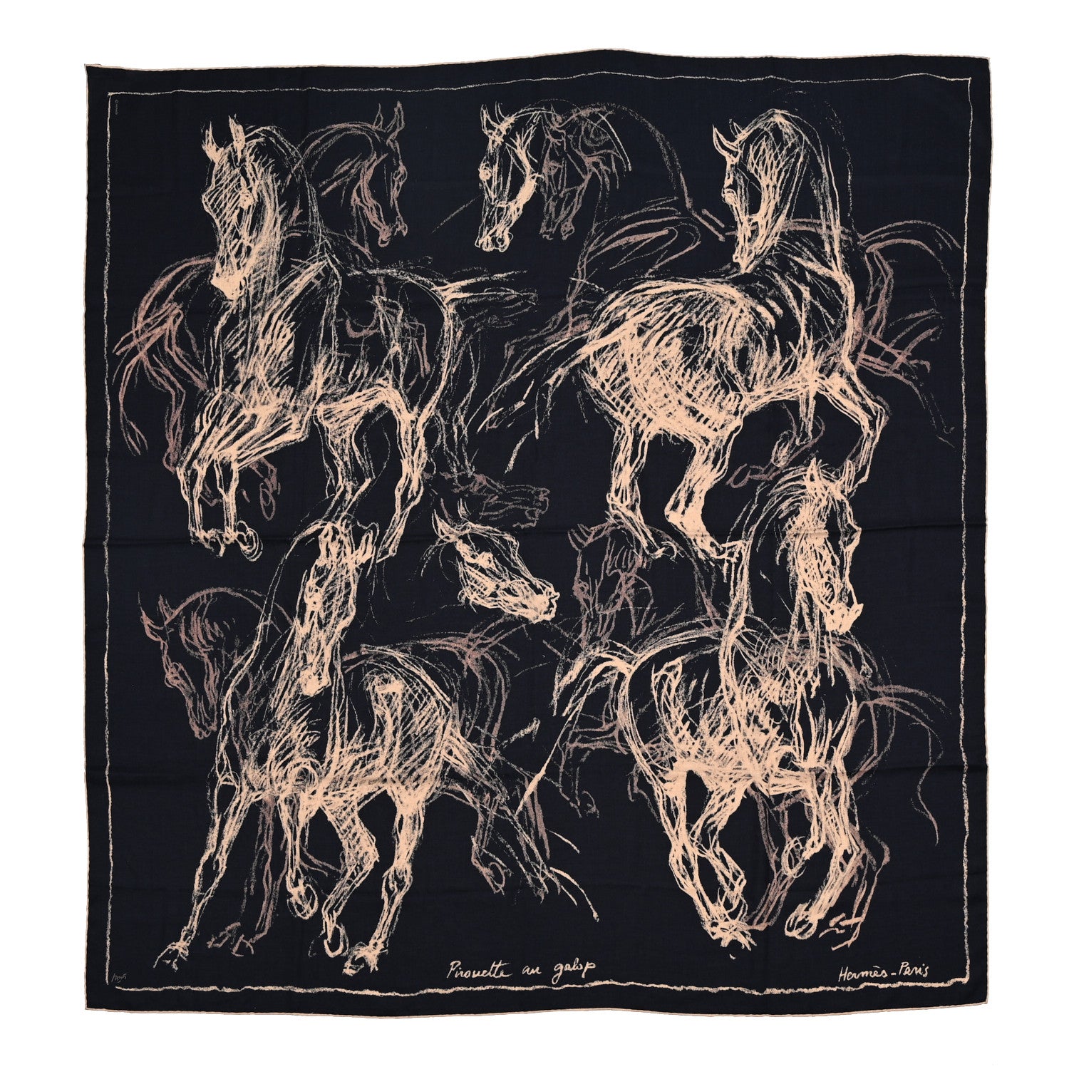 Hermes Cashmere Silk Pirouette au Galop Shawl 140 Marine Naturel Beige 1 of 6