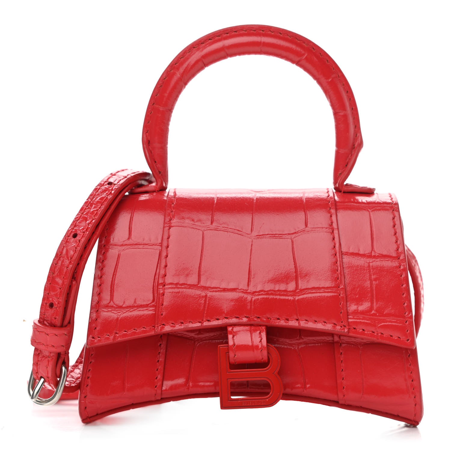 Balenciaga Shiny Calfskin Tonal B Crocodile Embossed Hourglass Top Handle Bag Mini Bright Red 1 of 11