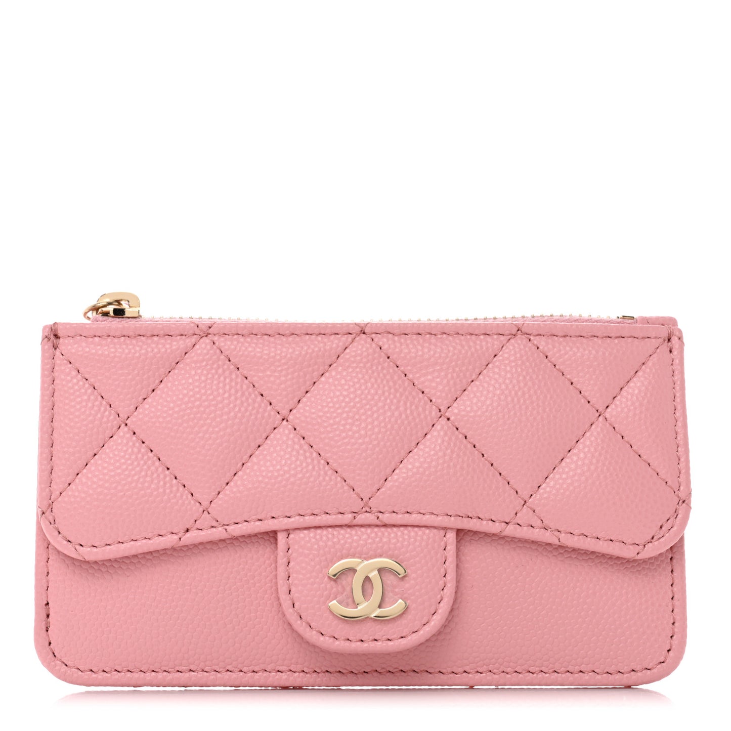 Caviar Quilted Flap Zip Card Holder Pink