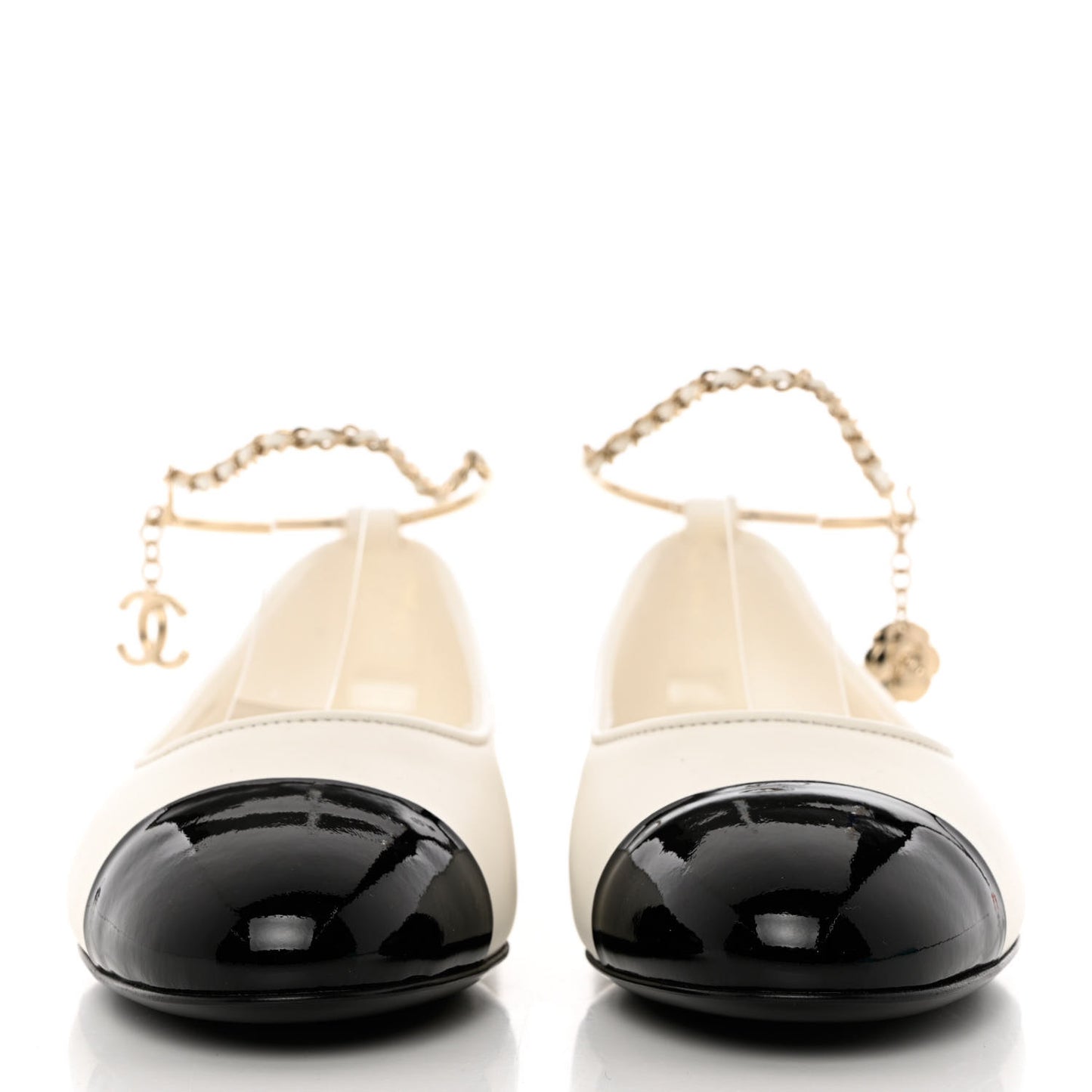 Lambskin Patent Calfskin Cap Toe Ankle Chain Ballerina Flats 38 White Black