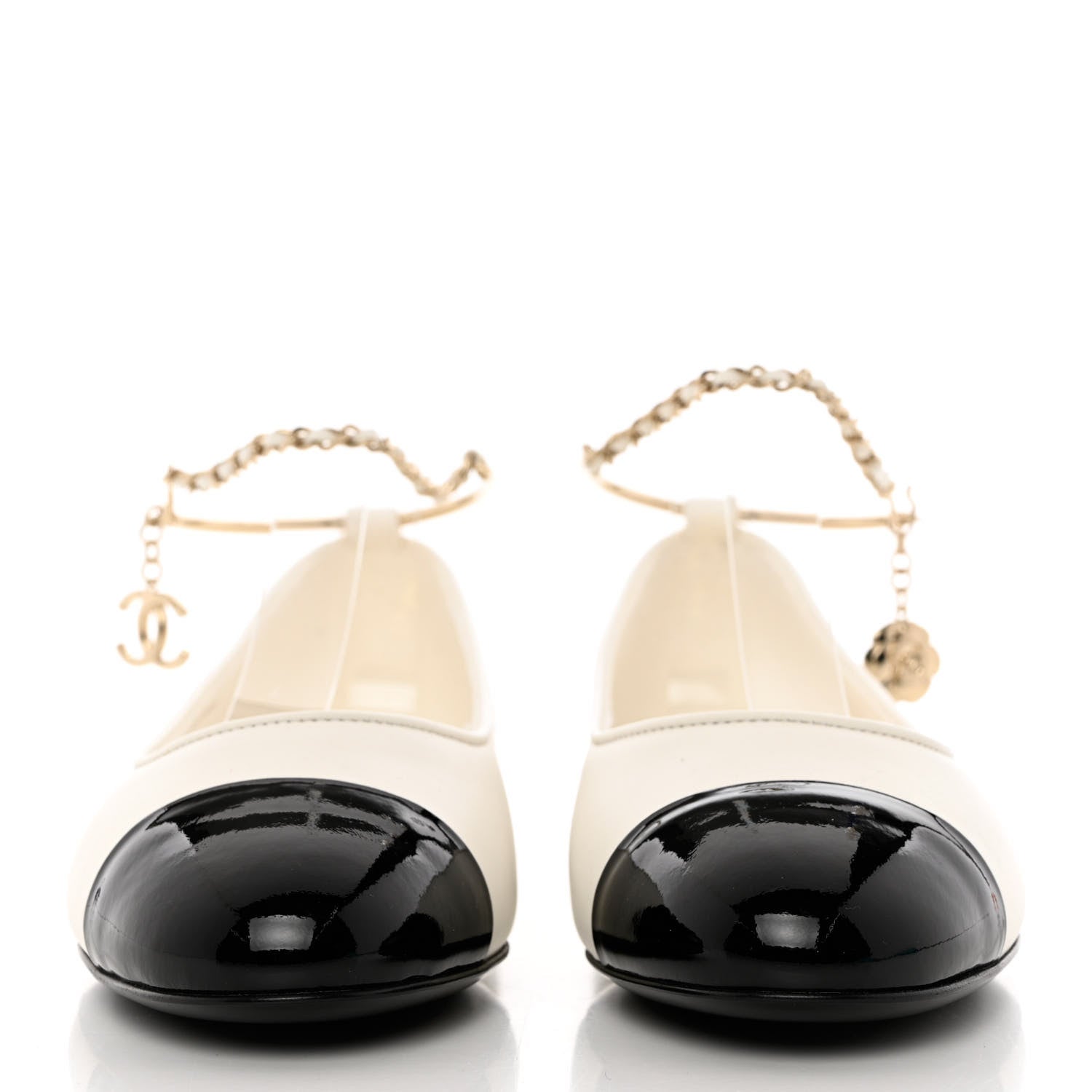 Chanel Lambskin Patent Calfskin Cap Toe Ankle Chain Ballerina Flats 38 White Black 2 of 10