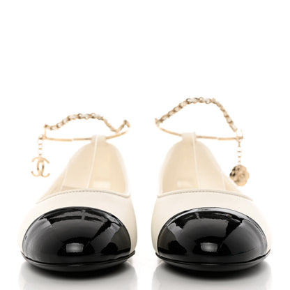 Chanel Lambskin Patent Calfskin Cap Toe Ankle Chain Ballerina Flats 38 White Black 2 of 10