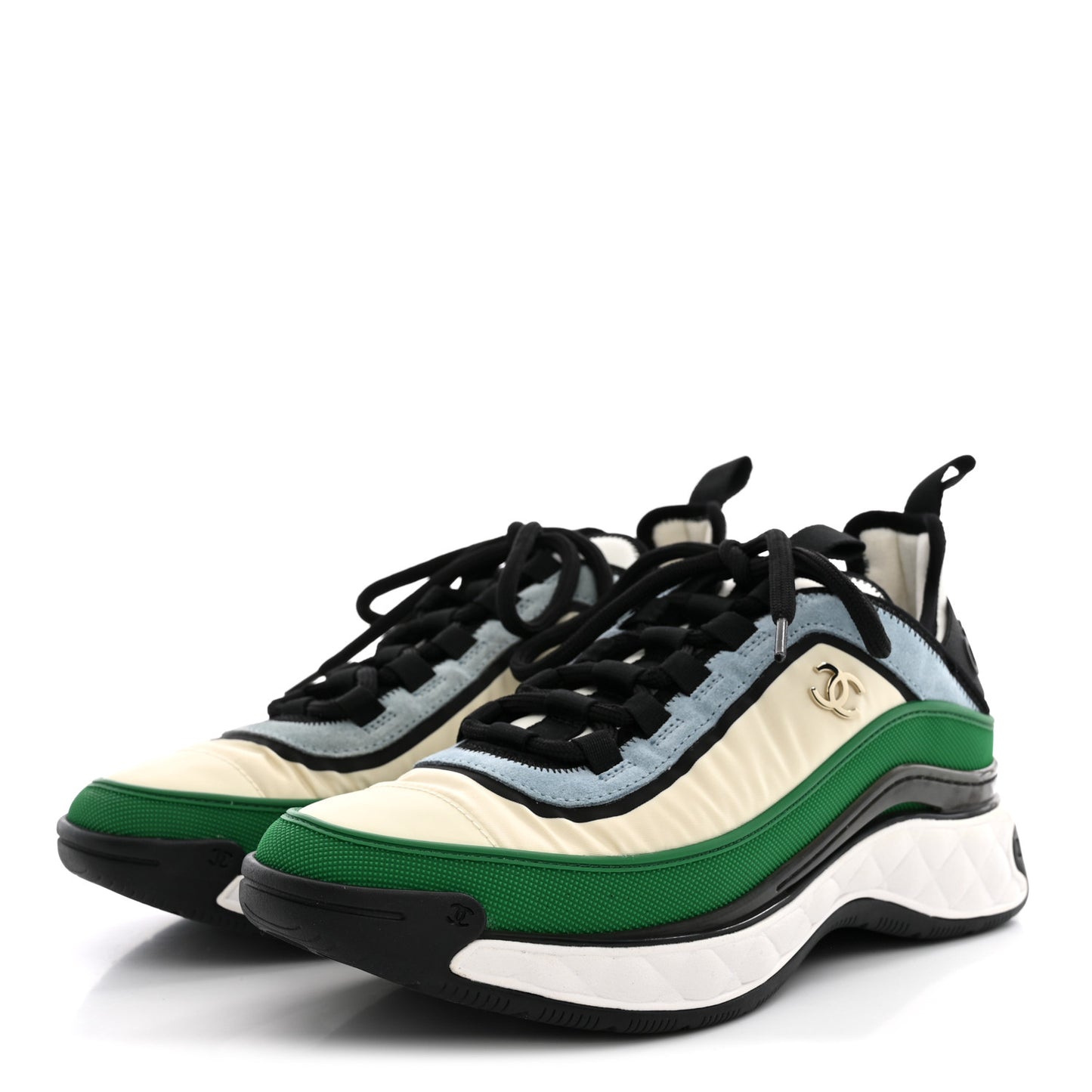 Suede Calfskin Mixed Fibers CC Sneakers 39 Ivory Green Light Blue 39 Ivory Green Light Blue