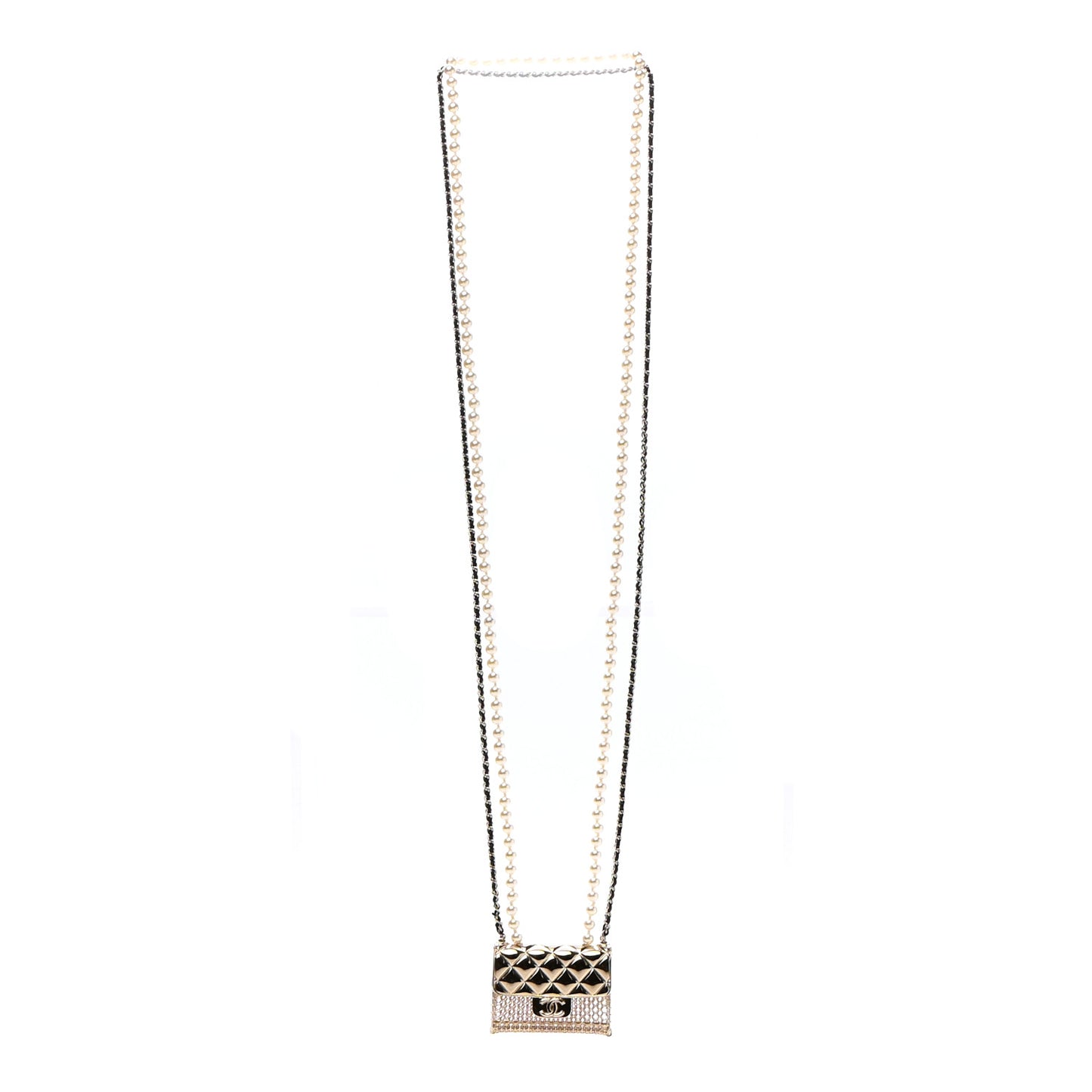 Metal Lambskin Pearl Chain Flap Bag Long Necklace Gold Black Pearly White