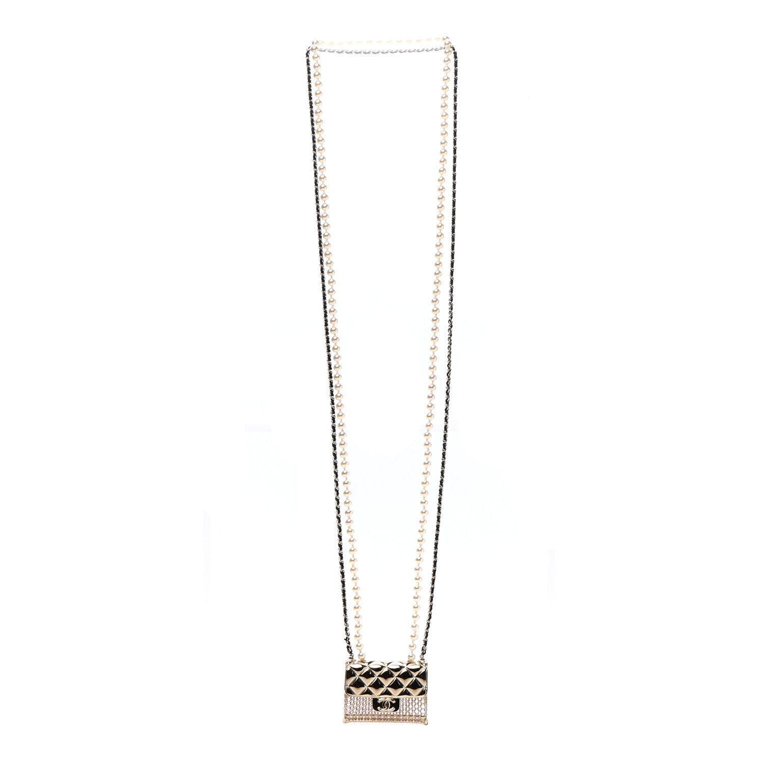 Chanel Metal Lambskin Pearl Chain Flap Bag Long Necklace Gold Black Pearly White 3 of 6