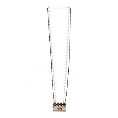 Chanel Metal Lambskin Pearl Chain Flap Bag Long Necklace Gold Black Pearly White 3 of 6