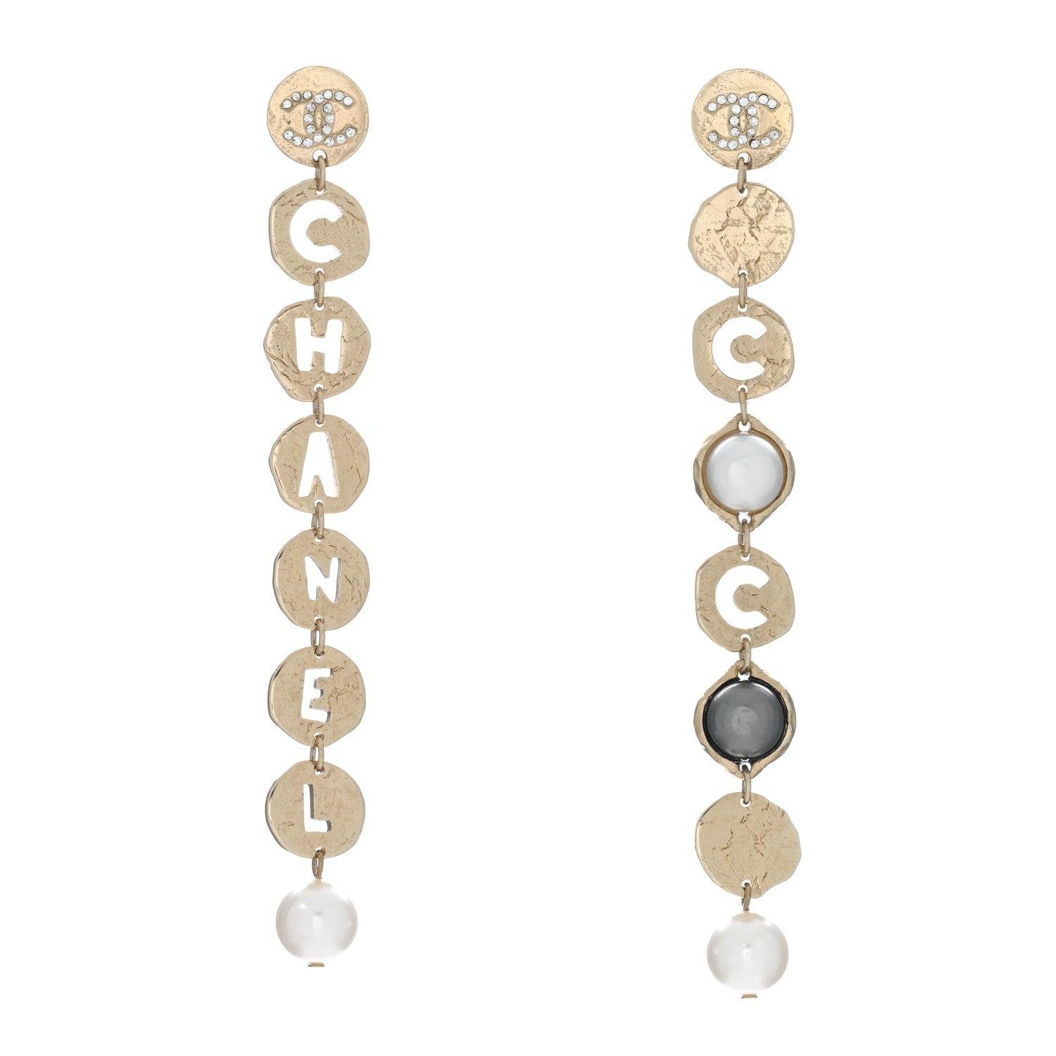Chanel Pearl Crystal Papyrus Drop Strand Earrings Gold Grey 1 of 5