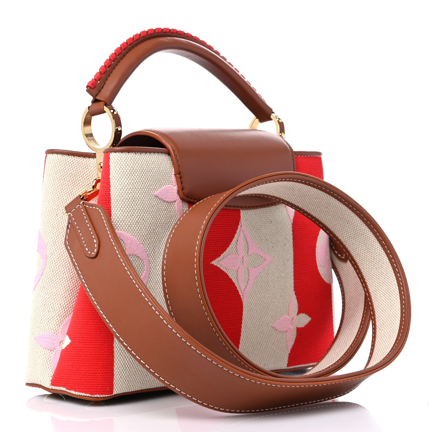 Canvas Calfskin Embroidered Braided Monogram Capucines BB Red