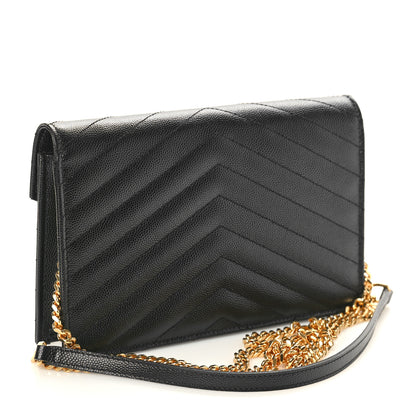 Saint Laurent Grain De Poudre Matelasse Chevron Monogram Envelope Chain Wallet Black 3 of 10