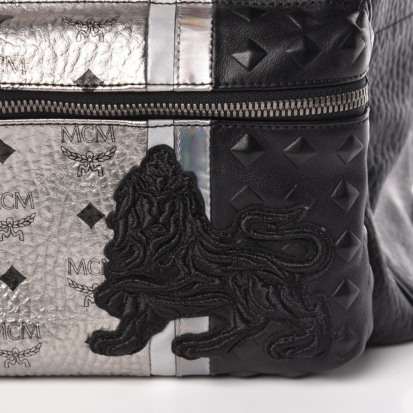 Metallic Visetos Calfskin Medium Studded Munich Lion Stark Backpack Silver Black