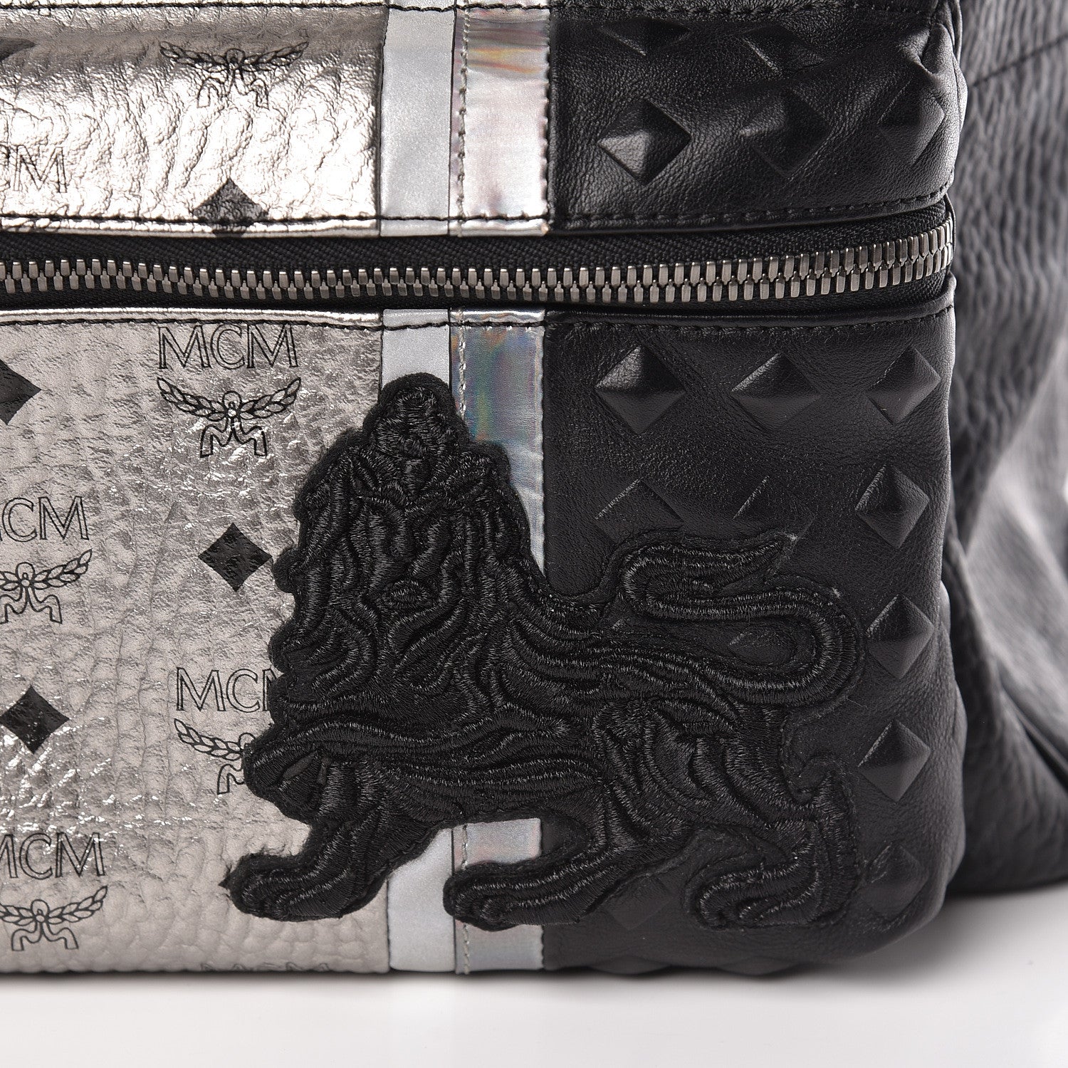 MCM Metallic Visetos Calfskin Medium Studded Munich Lion Stark Backpack Silver Black 11 of 11