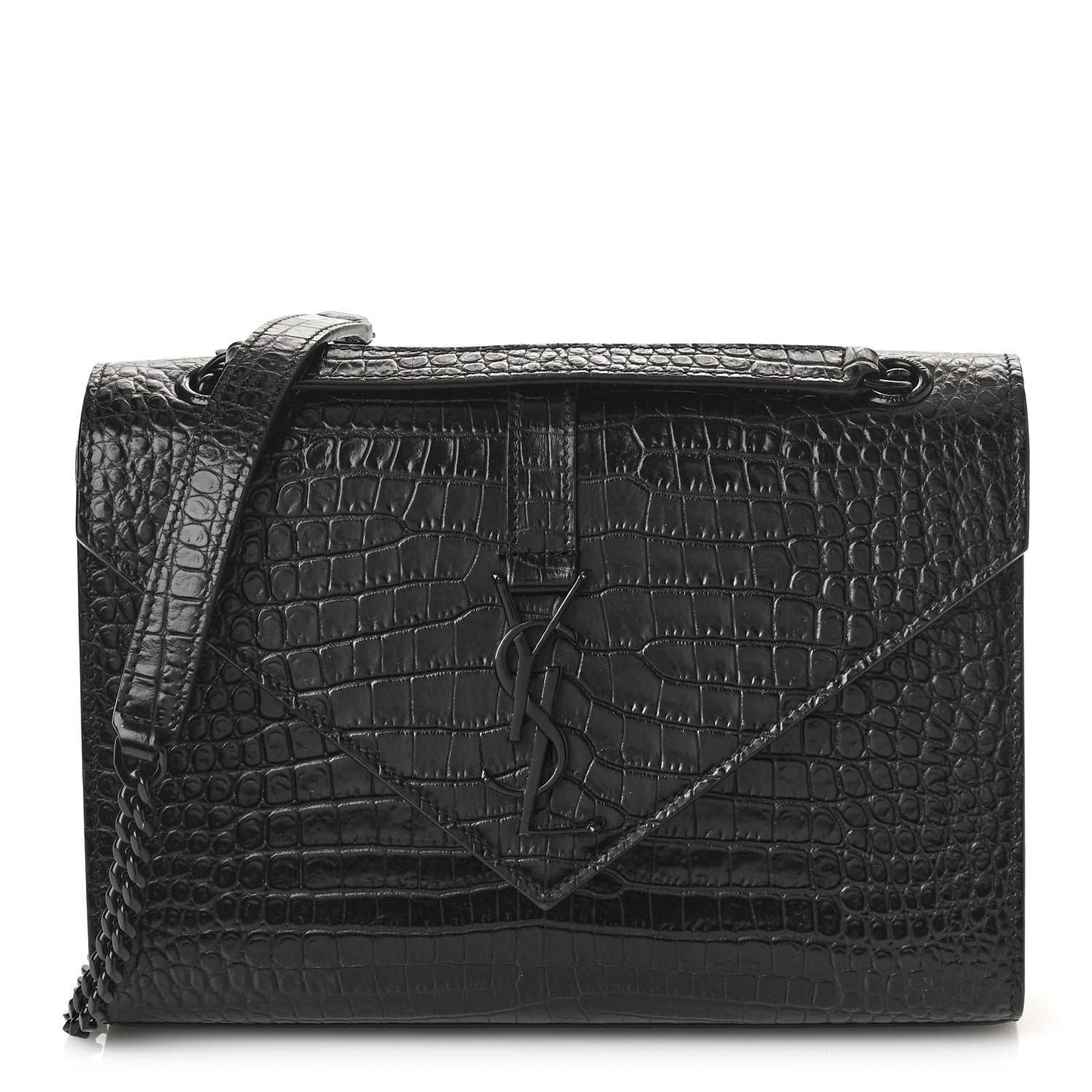Saint Laurent Calfskin Crocodile Embossed Medium Monogram Envelope Chain Shoulder Bag Black 1 of 9