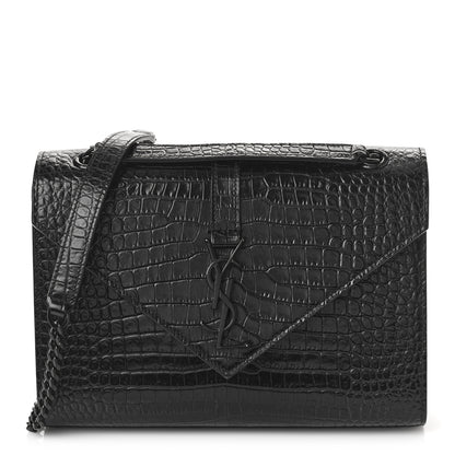 Saint Laurent Calfskin Crocodile Embossed Medium Monogram Envelope Chain Shoulder Bag Black 1 of 9