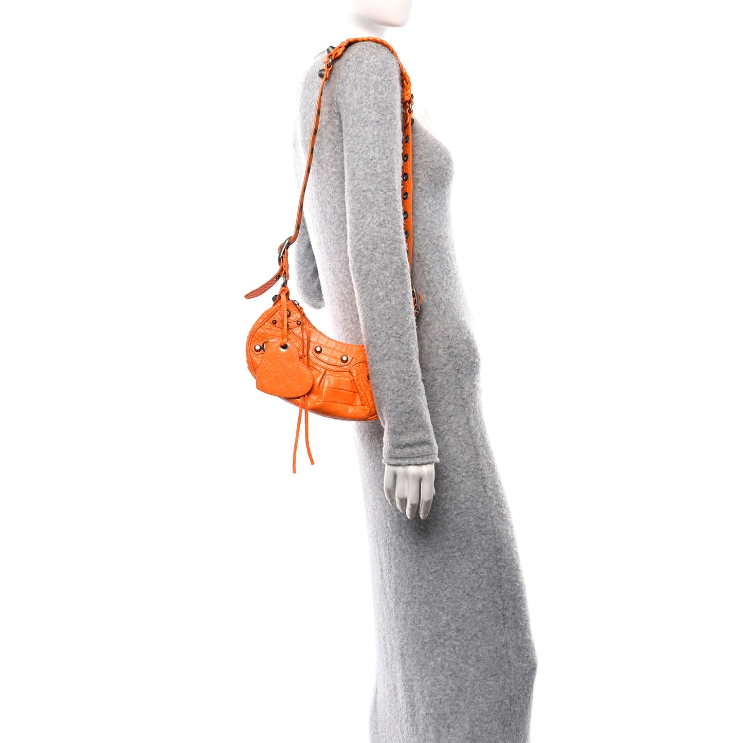 Extra Supple Calfskin Crocodile Embossed Le Cagole Shoulder Bag XS Pop Orange