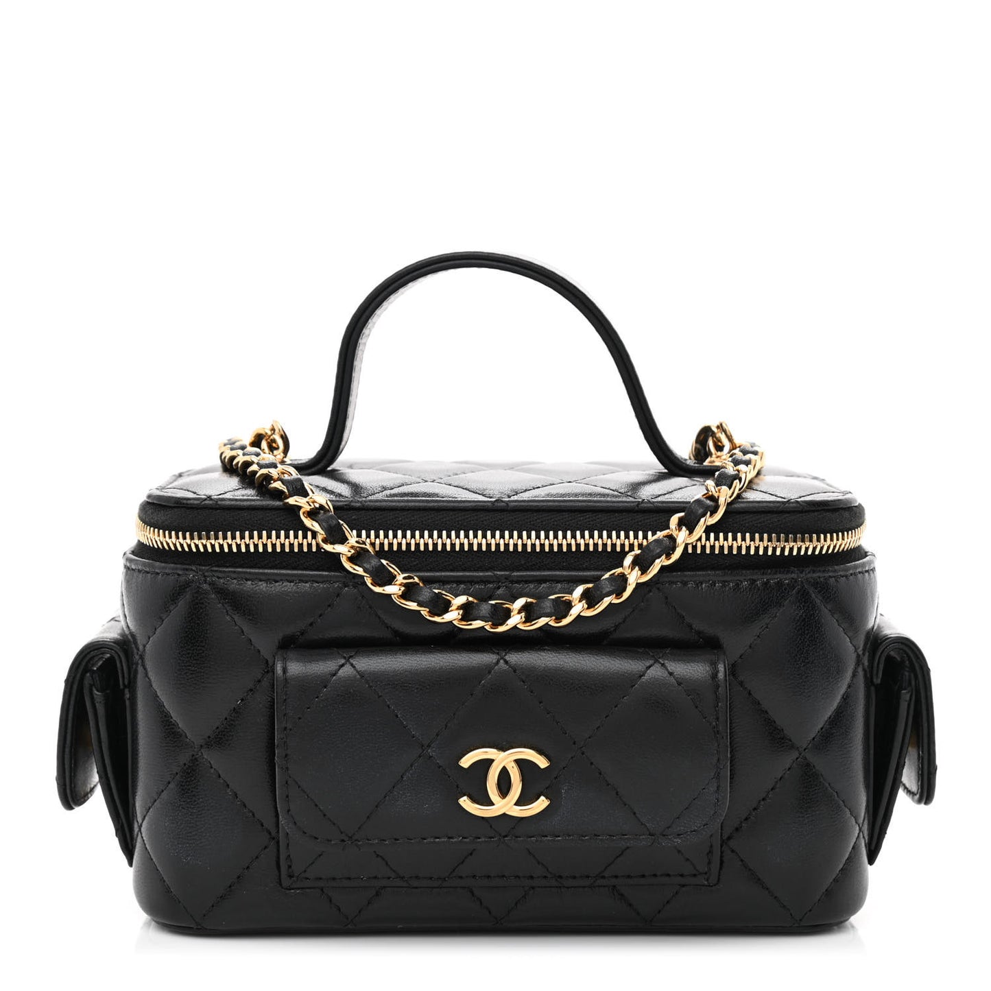 Lambskin Quilted Polly Pocket East West Top Vanity With Chain Black