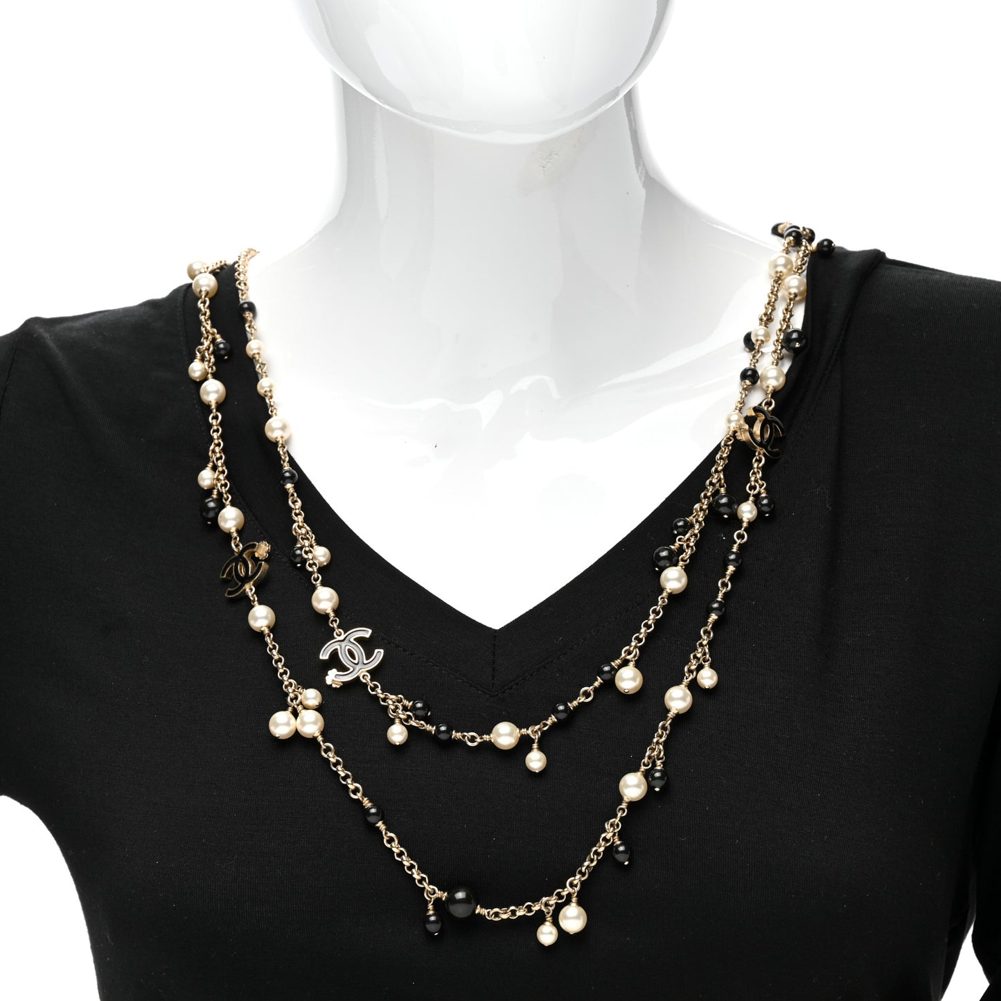 Pearl Bead Enamel CC Long Necklace Black Gold