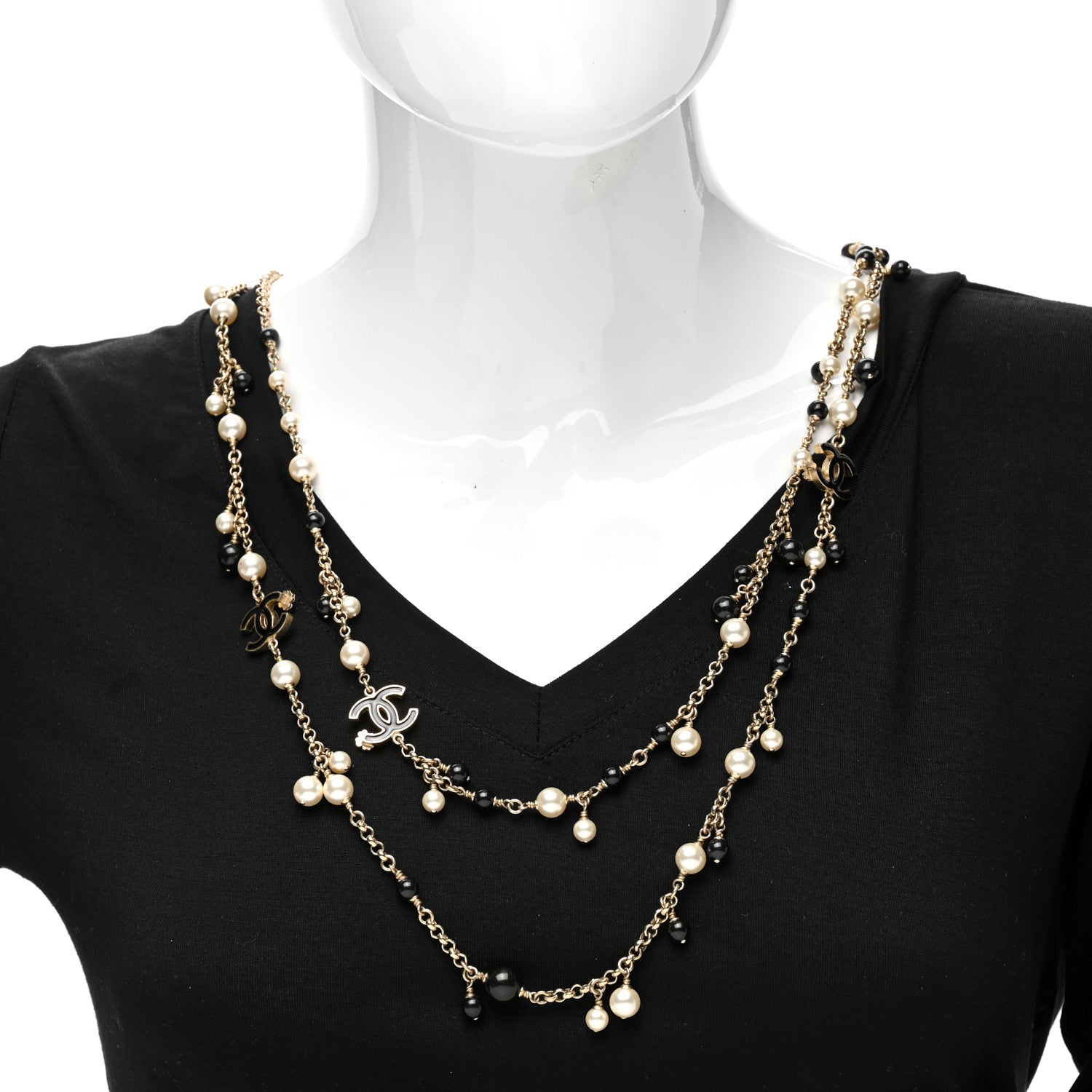 Chanel Pearl Bead Enamel CC Long Necklace Black Gold 2 of 4