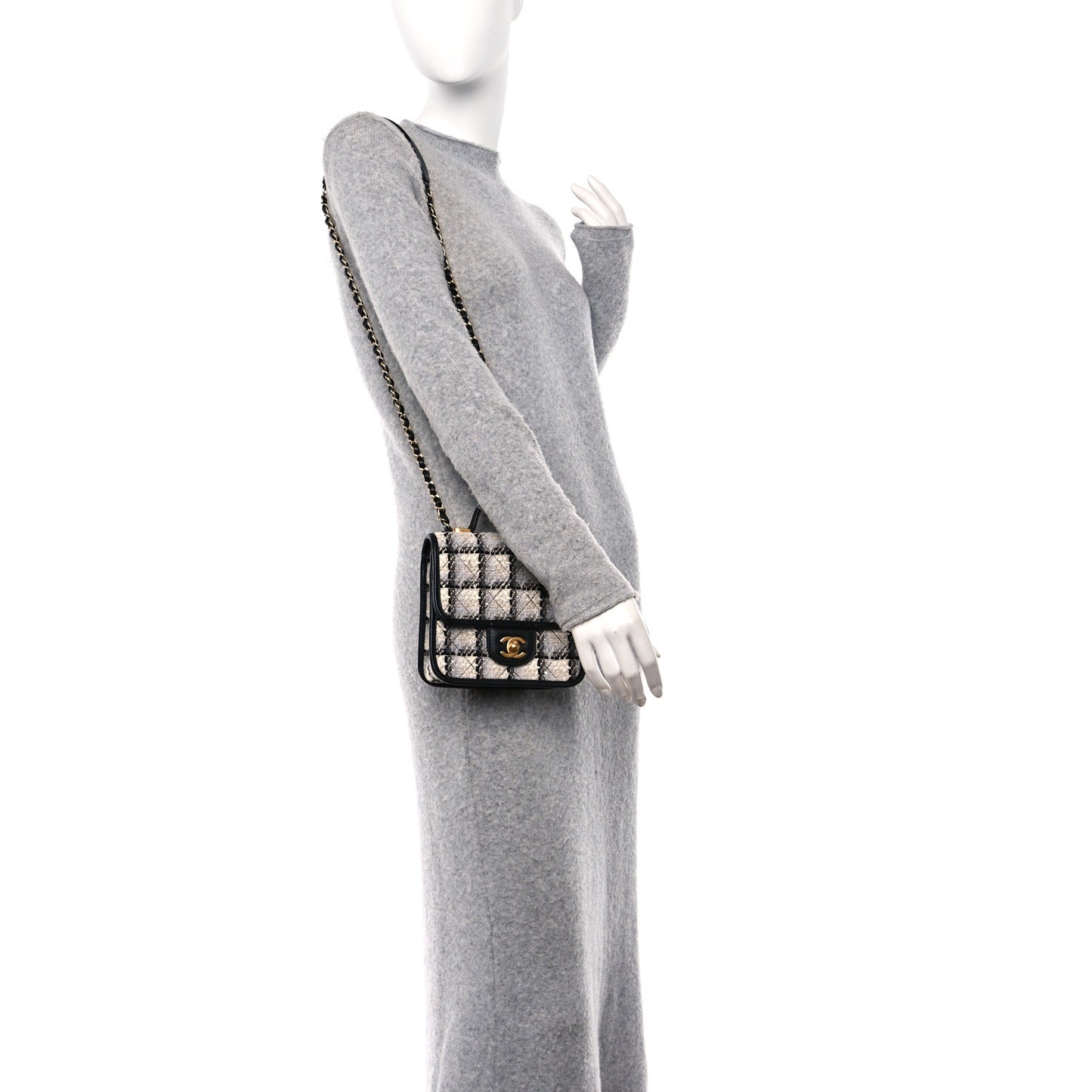 Tweed Calfskin School Memory Mini Top Handle Flap Ecru Grey Beige Black
