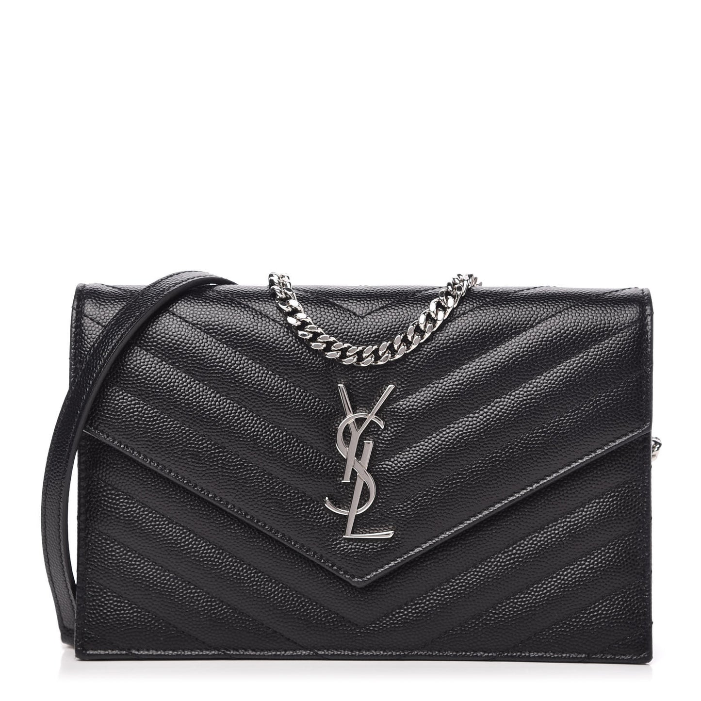 Grain De Poudre Matelasse Chevron Monogram Envelope Chain Wallet Black
