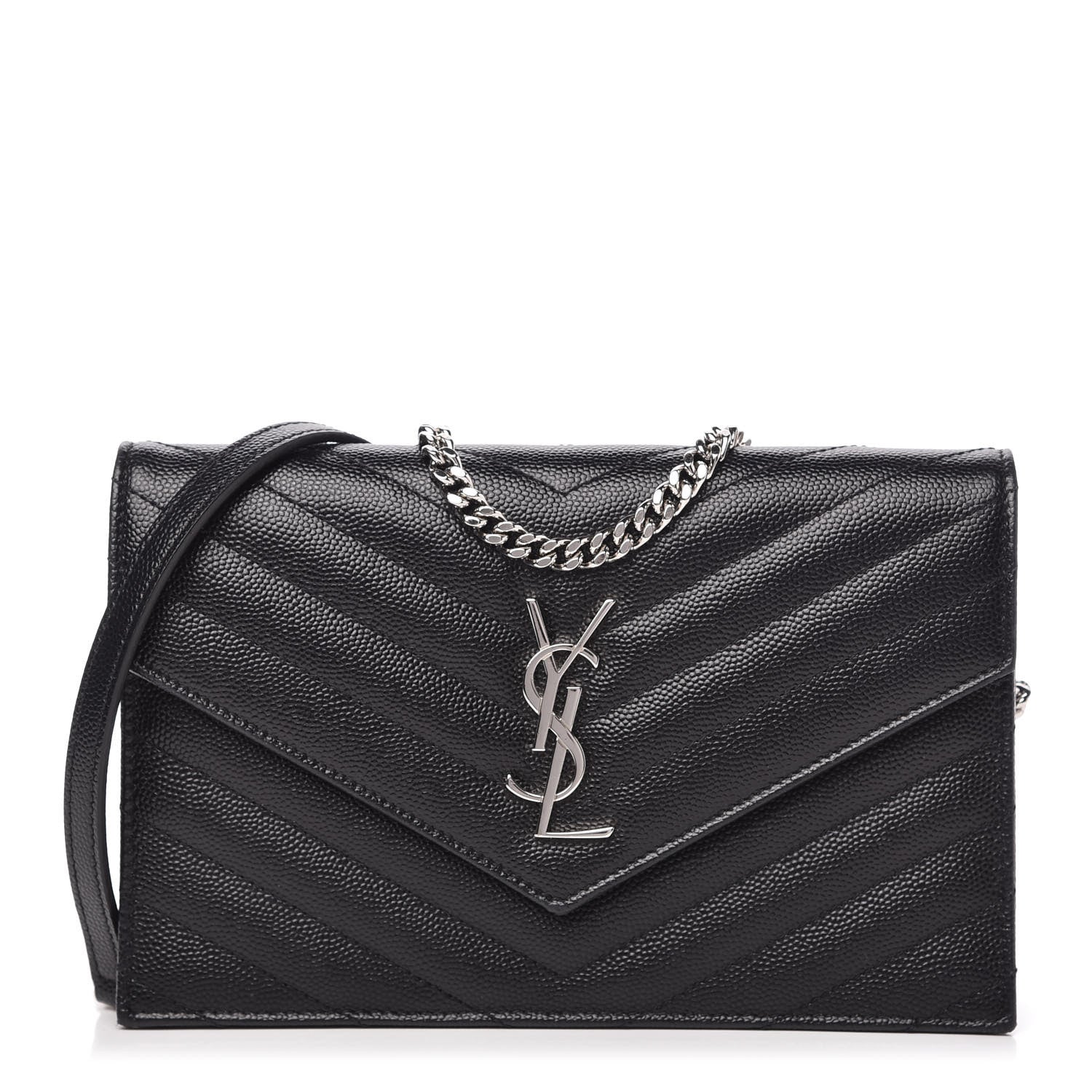 Saint Laurent Grain De Poudre Matelasse Chevron Monogram Envelope Chain Wallet Black 1 of 10