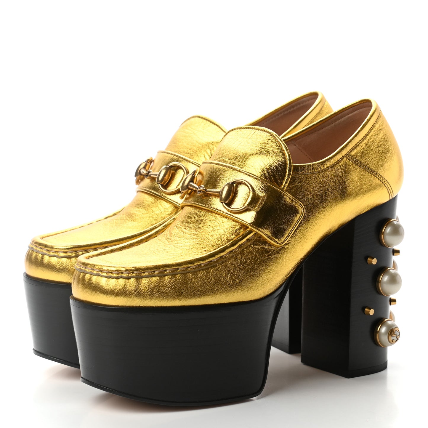 Malaga Kid Pearl Studded Vegas Platform Loafers 38.5 Black Gold