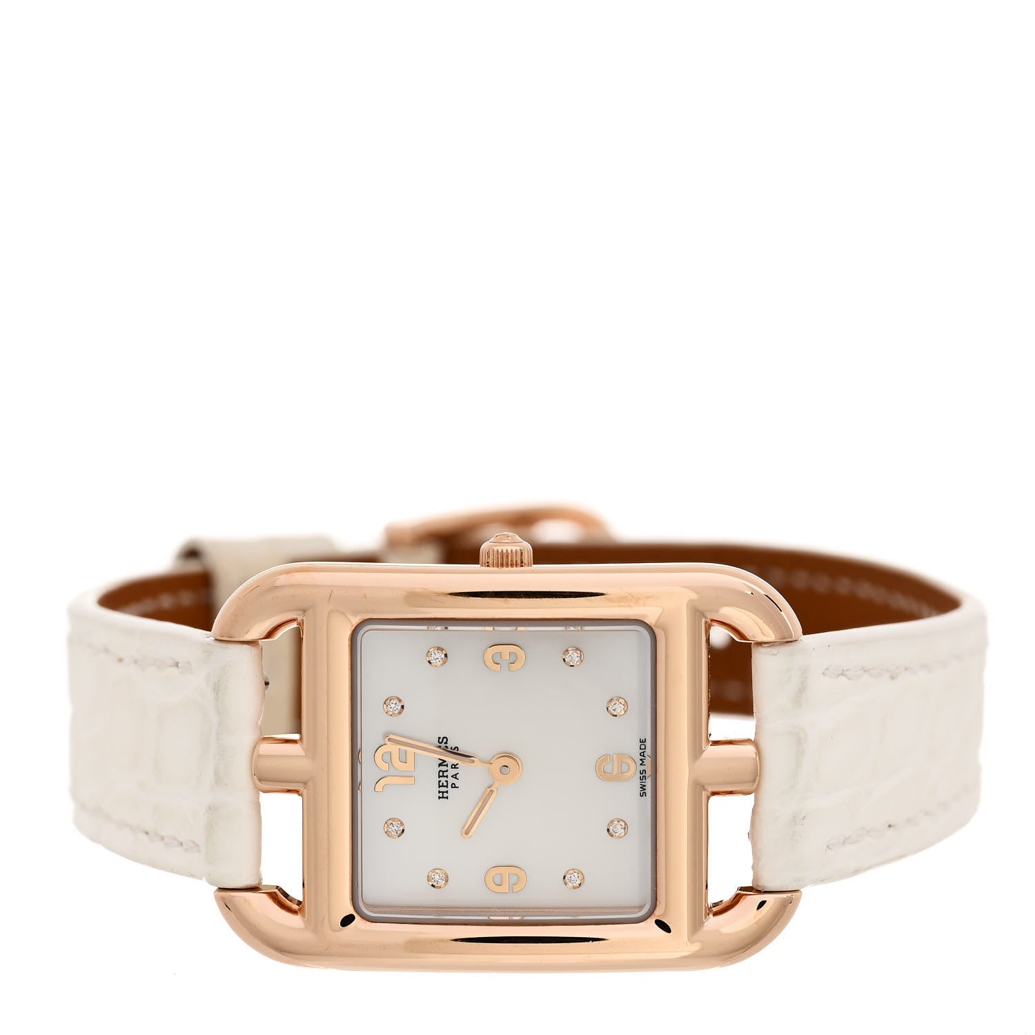 Hermes 18K Rose Gold Alligator Diamond Mother of Pearl 23mm Cape Cod Quartz Watch Blanc 2 of 5