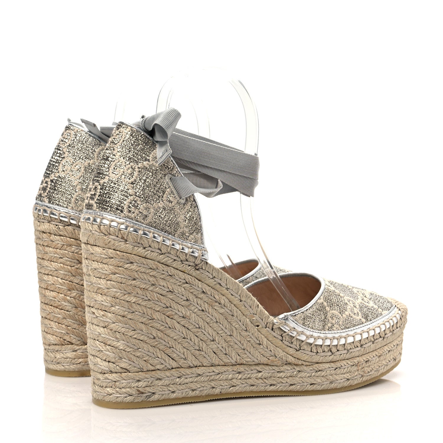 Gucci Lame GG Monogram Ankle Wrap Platform Espadrille Wedges 41 Silver Beige Light Grey 4 of 8