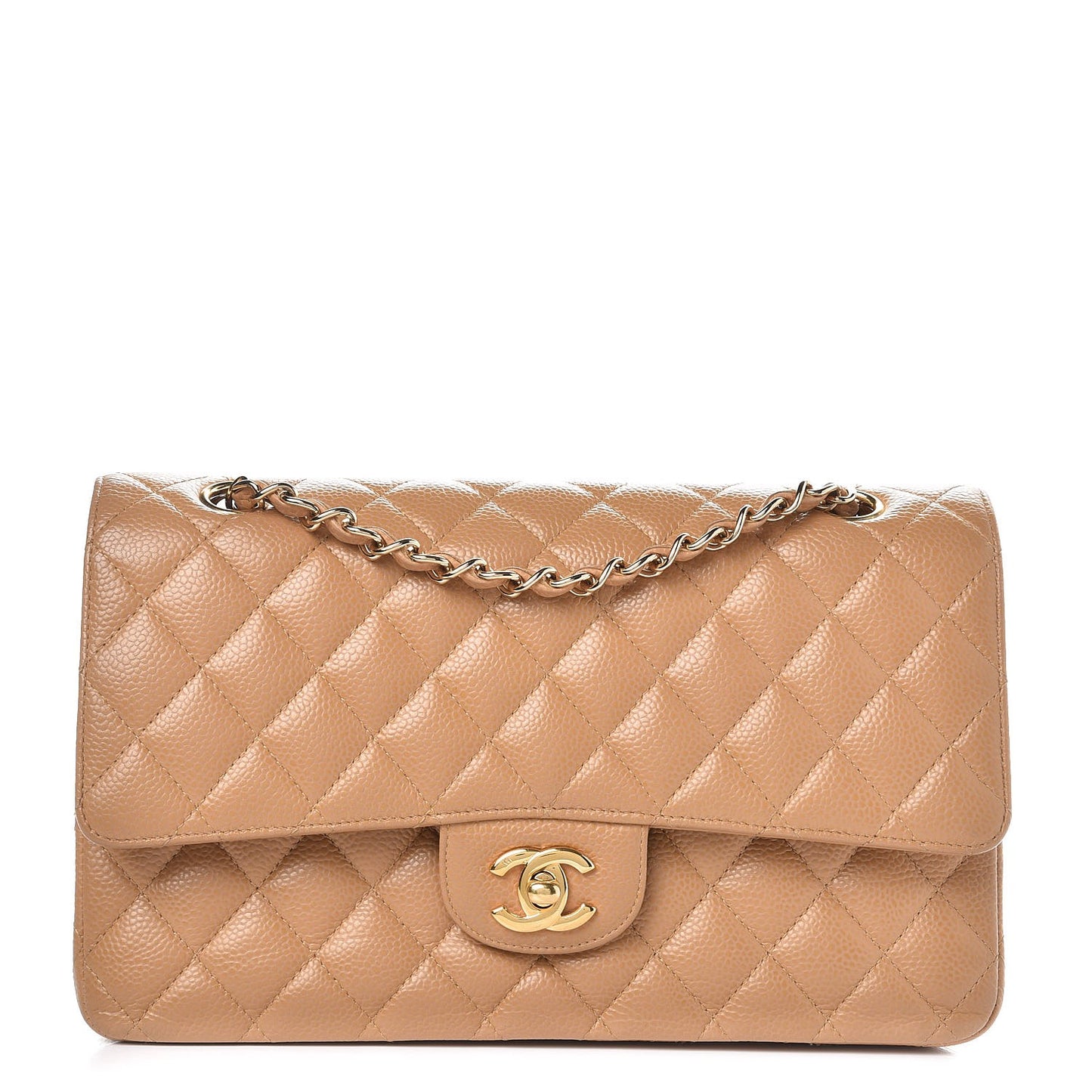 Caviar Quilted Medium Double Flap Beige