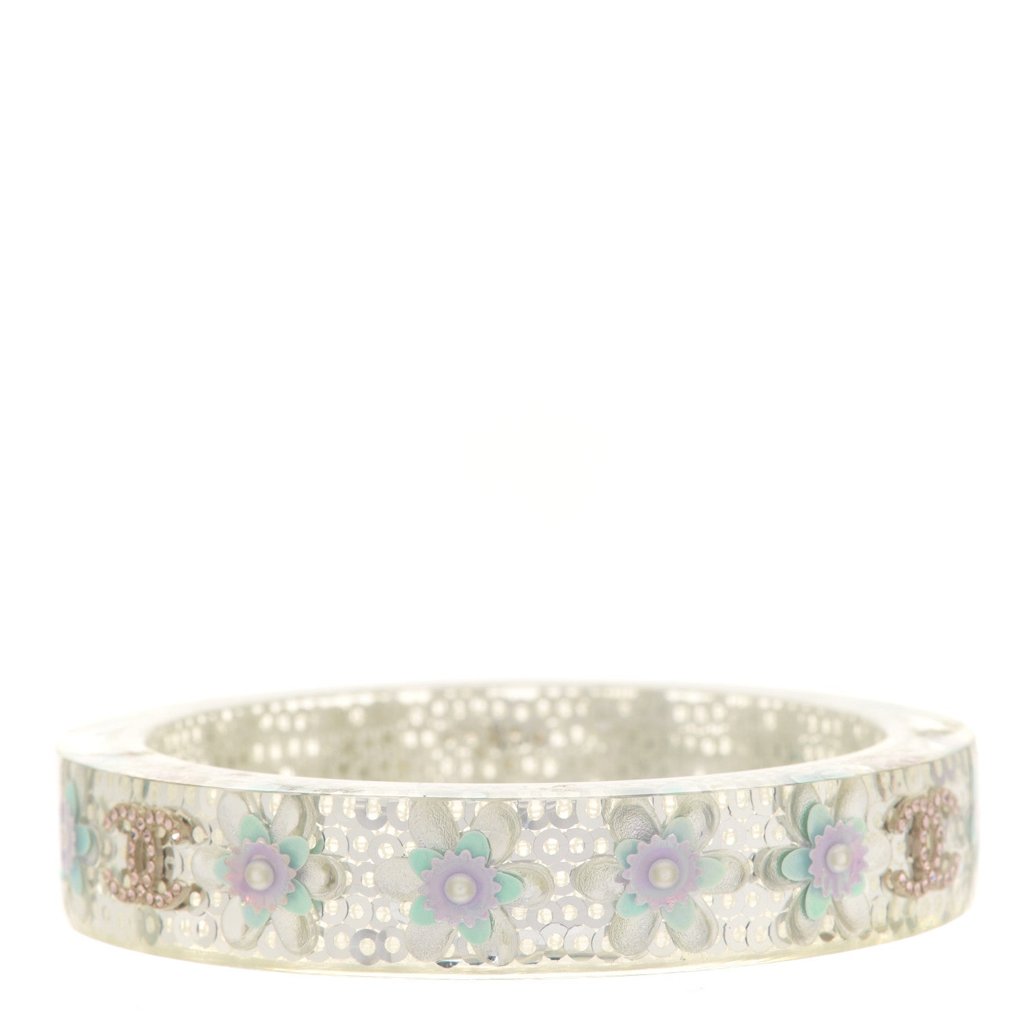 Chanel Lucite Crystal Sequin Flower CC Bangle White 3 of 5