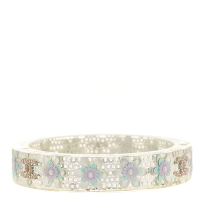 Chanel Lucite Crystal Sequin Flower CC Bangle White 3 of 5