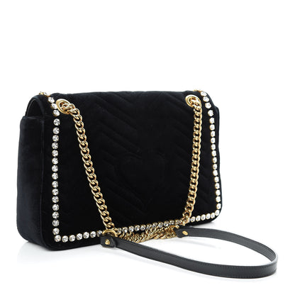Gucci Velvet Matelasse Crystal Medium GG Marmont Shoulder Bag Black 3 of 21