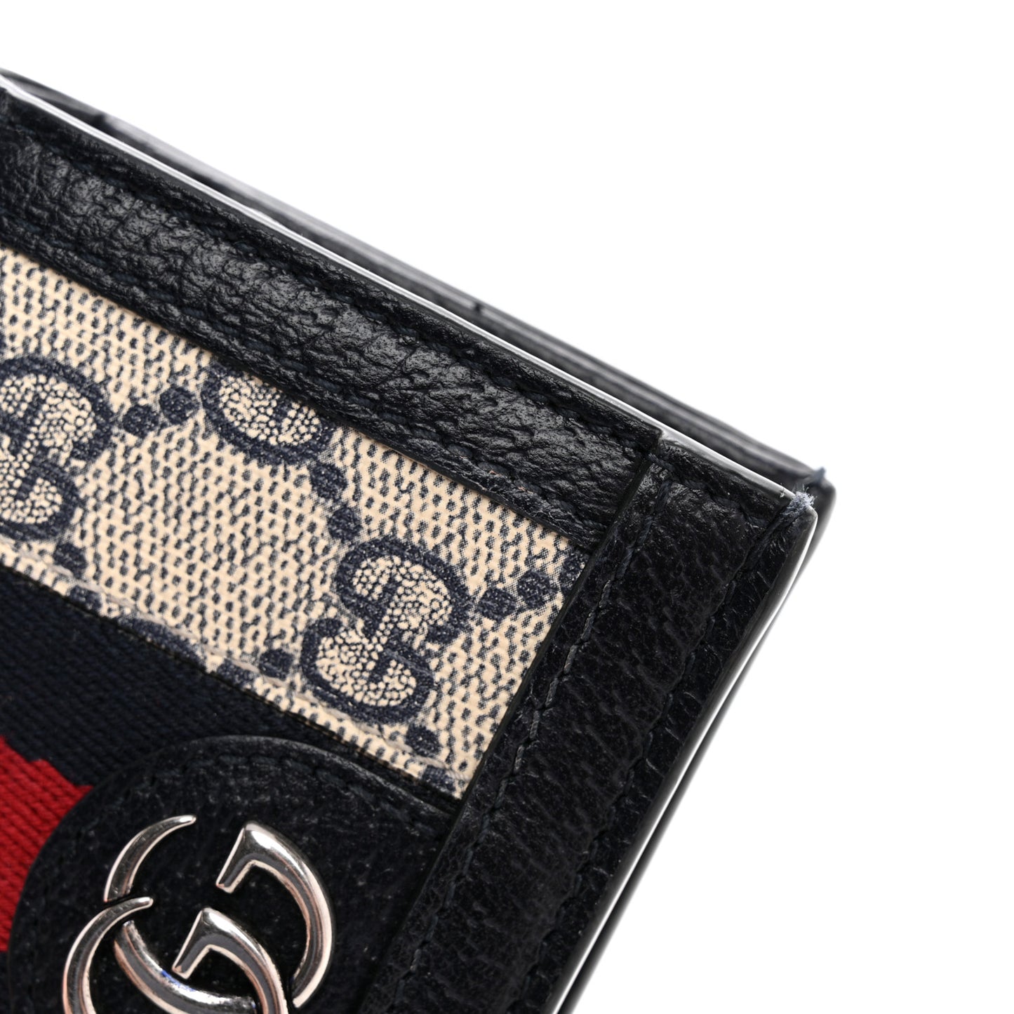 GG Supreme Monogram Textured Dollar Calfskin Web Ophidia Card Case Beige Blue